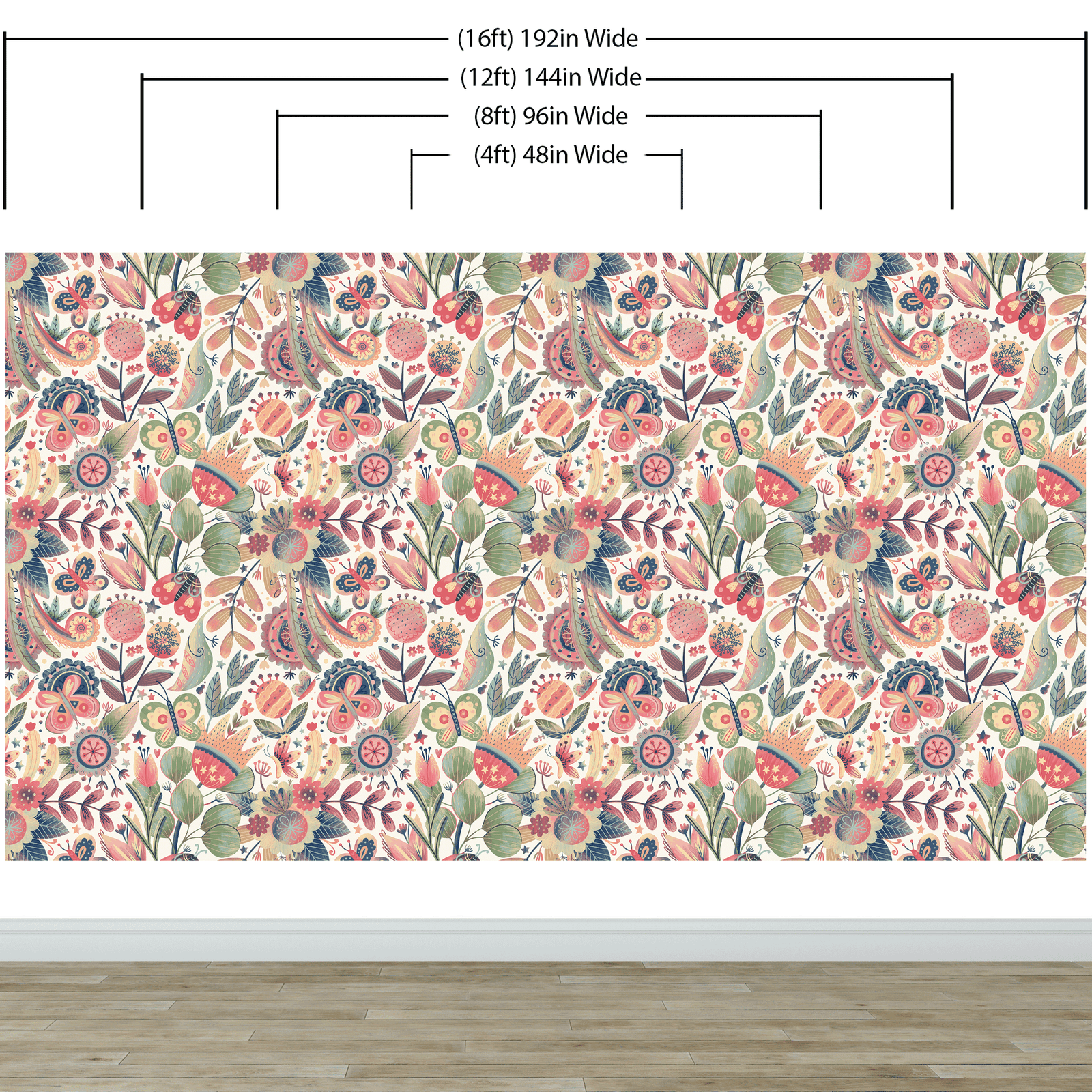 Flower Garden Illustration Wall Mural. Pastel Color Pattern Nursery, Bedroom, Kid’s Room Wall Decor. Peel and Stick Wallpaper. #6448