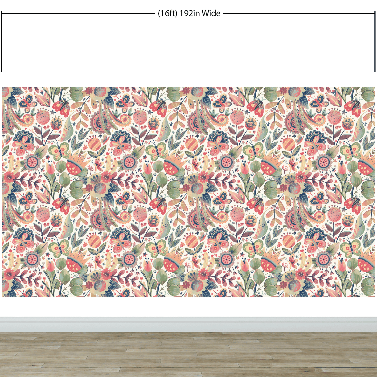 Flower Garden Illustration Wall Mural. Pastel Color Pattern Nursery, Bedroom, Kid’s Room Wall Decor. Peel and Stick Wallpaper. #6448