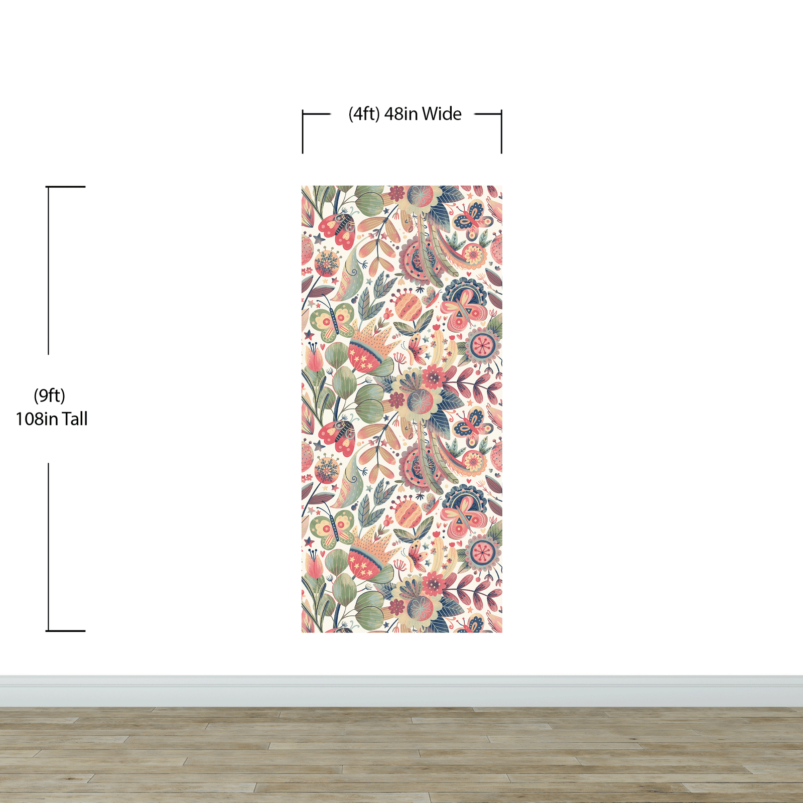 Flower Garden Illustration Wall Mural. Pastel Color Pattern Nursery, Bedroom, Kid’s Room Wall Decor. Peel and Stick Wallpaper. #6448