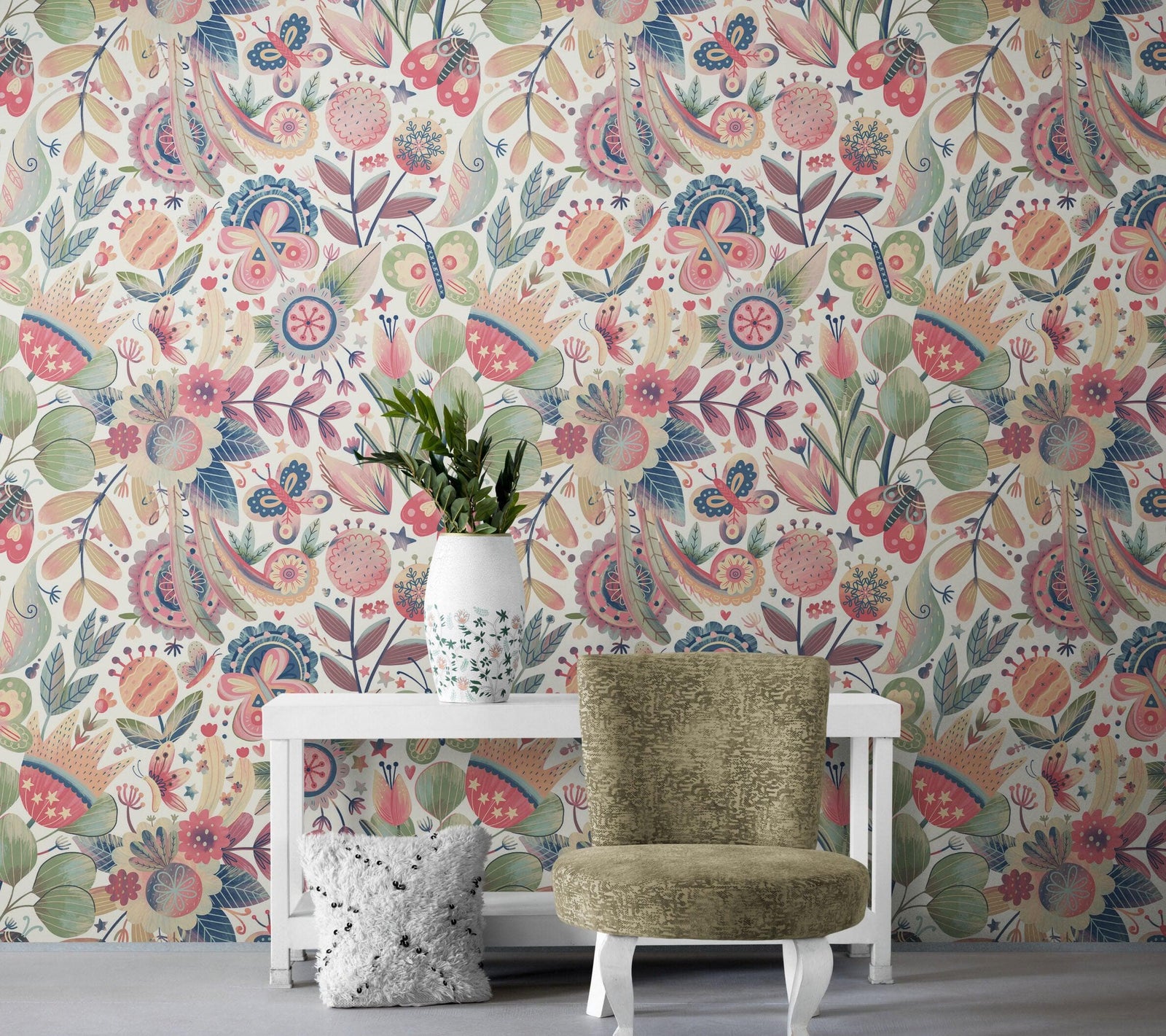 Flower Garden Illustration Wall Mural. Pastel Color Pattern Nursery, Bedroom, Kid’s Room Wall Decor. Peel and Stick Wallpaper. #6448