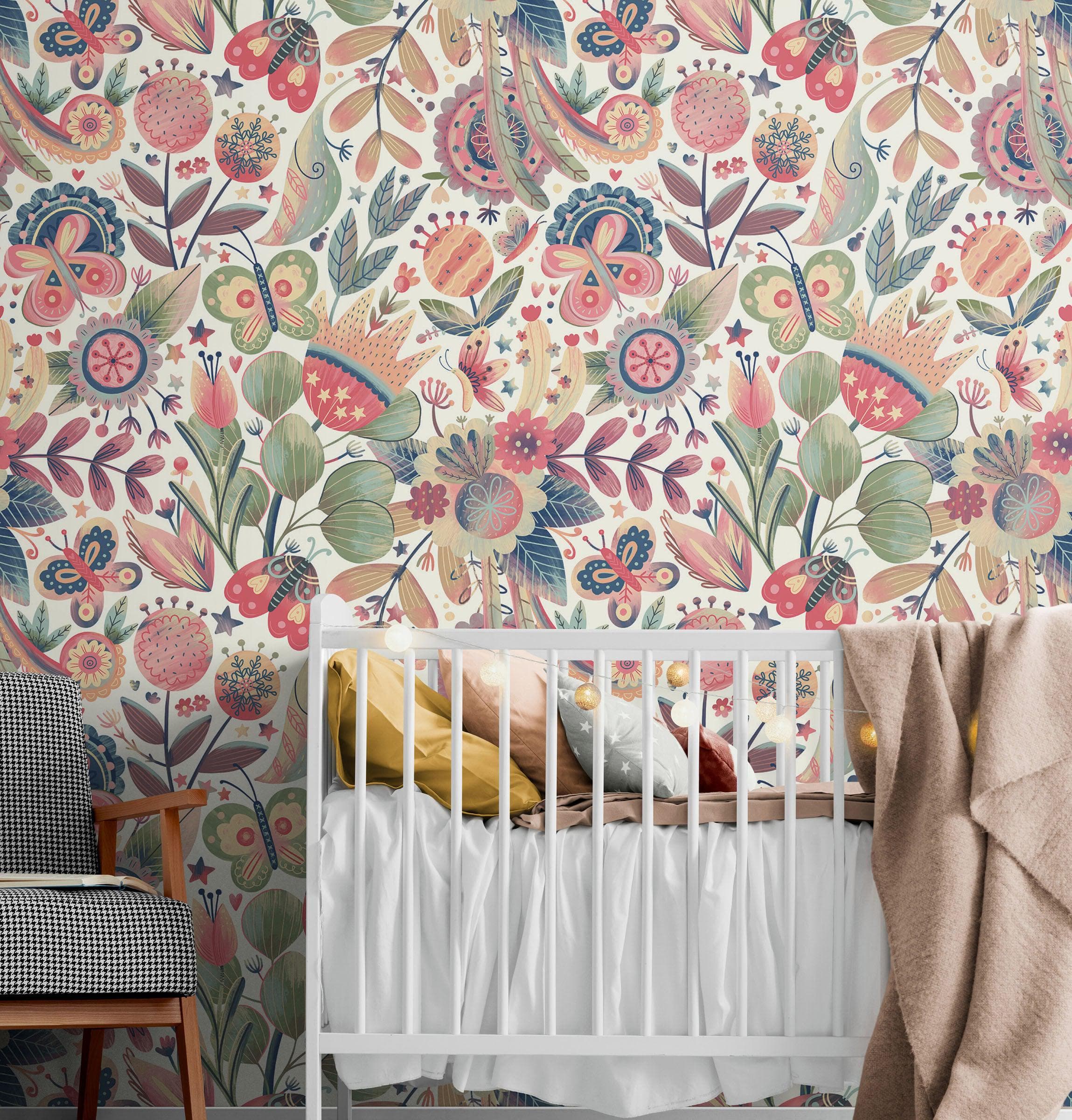 Flower Garden Illustration Wall Mural. Pastel Color Pattern Nursery, Bedroom, Kid’s Room Wall Decor. Peel and Stick Wallpaper. #6448