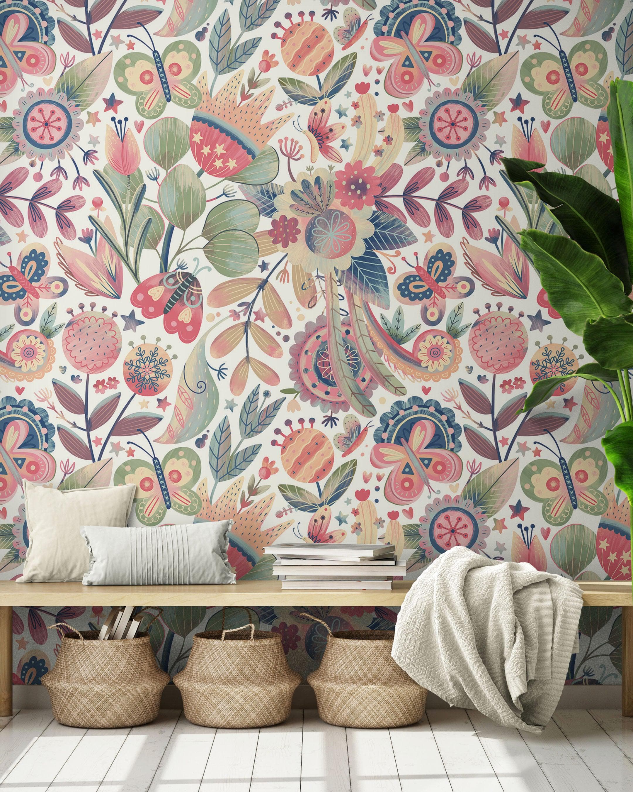 Flower Garden Illustration Wall Mural. Pastel Color Pattern Nursery, Bedroom, Kid’s Room Wall Decor. Peel and Stick Wallpaper. #6448