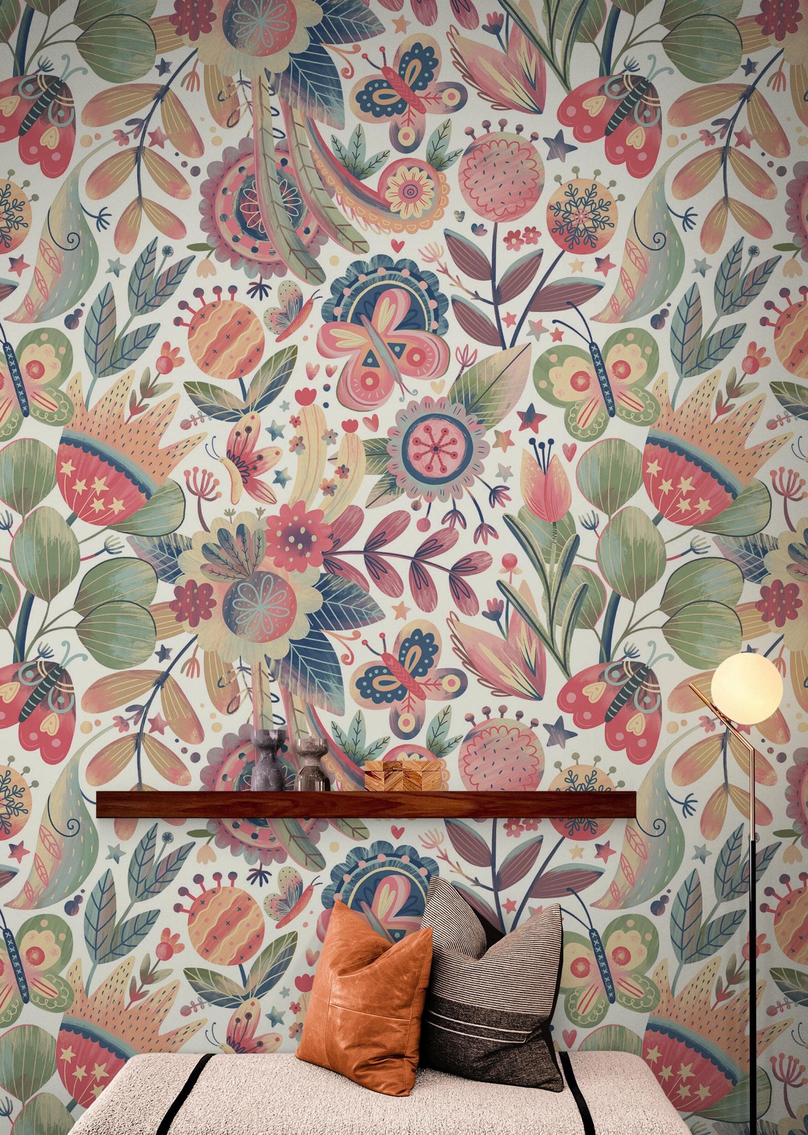 Flower Garden Illustration Wall Mural. Pastel Color Pattern Nursery, Bedroom, Kid’s Room Wall Decor. Peel and Stick Wallpaper. #6448