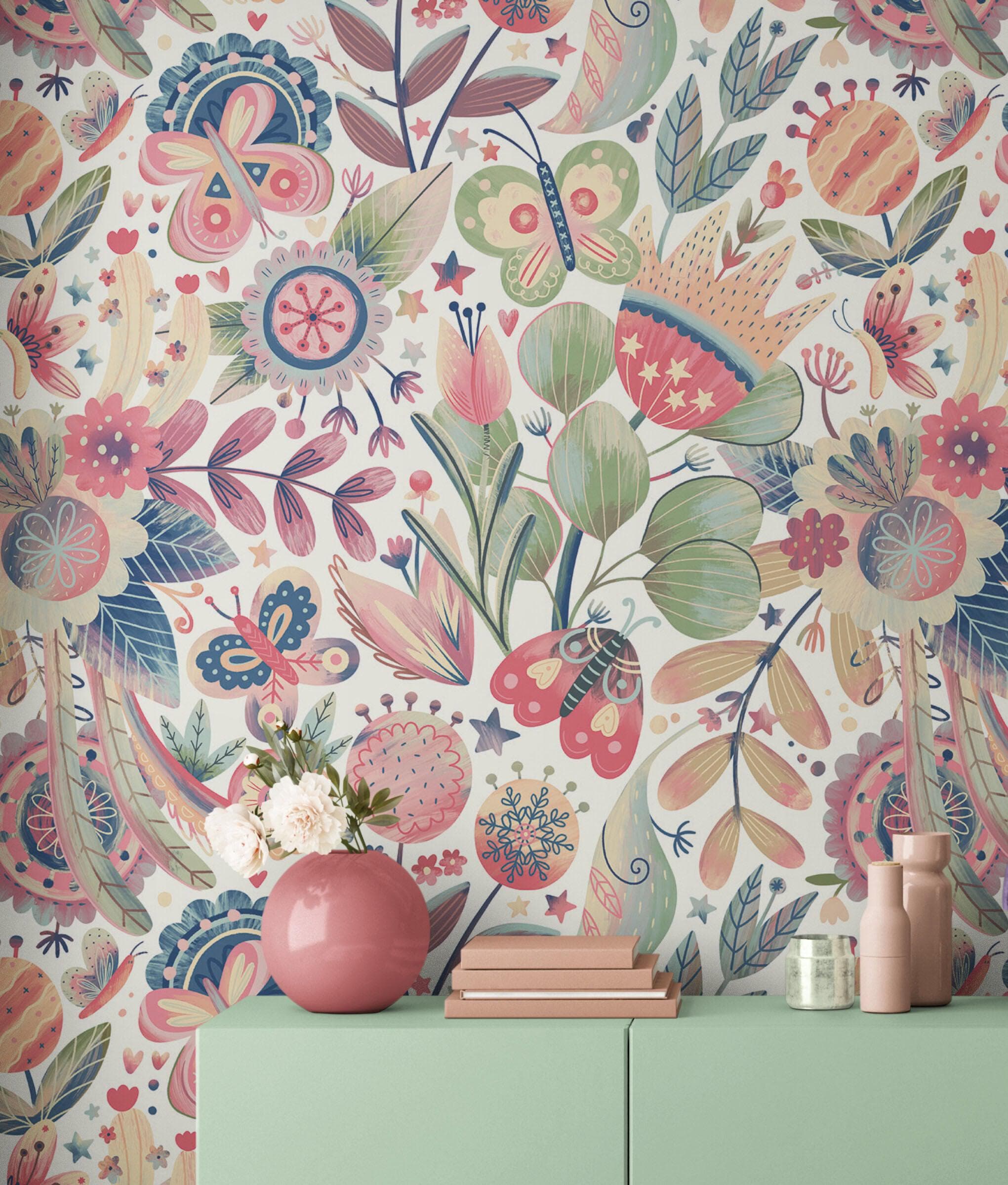 Flower Garden Illustration Wall Mural. Pastel Color Pattern Nursery, Bedroom, Kid’s Room Wall Decor. Peel and Stick Wallpaper. #6448