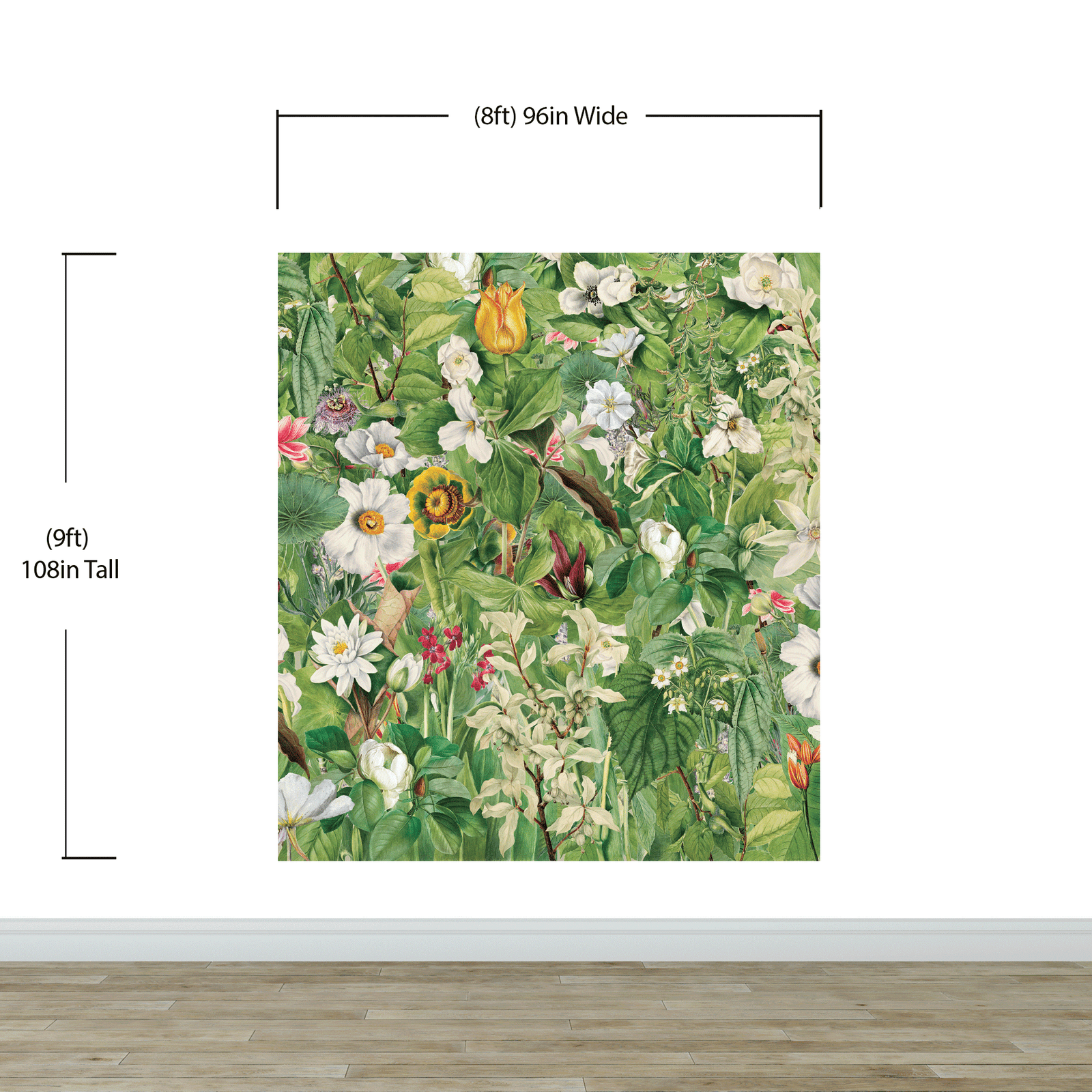 Botanical Vegetation Garden Wall Mural. Color Pencil Artwork of Flower Garden Peel and Stick Wallpaper. Rainforest Jungle Botanical Flowers and Leafs Background. #6449
