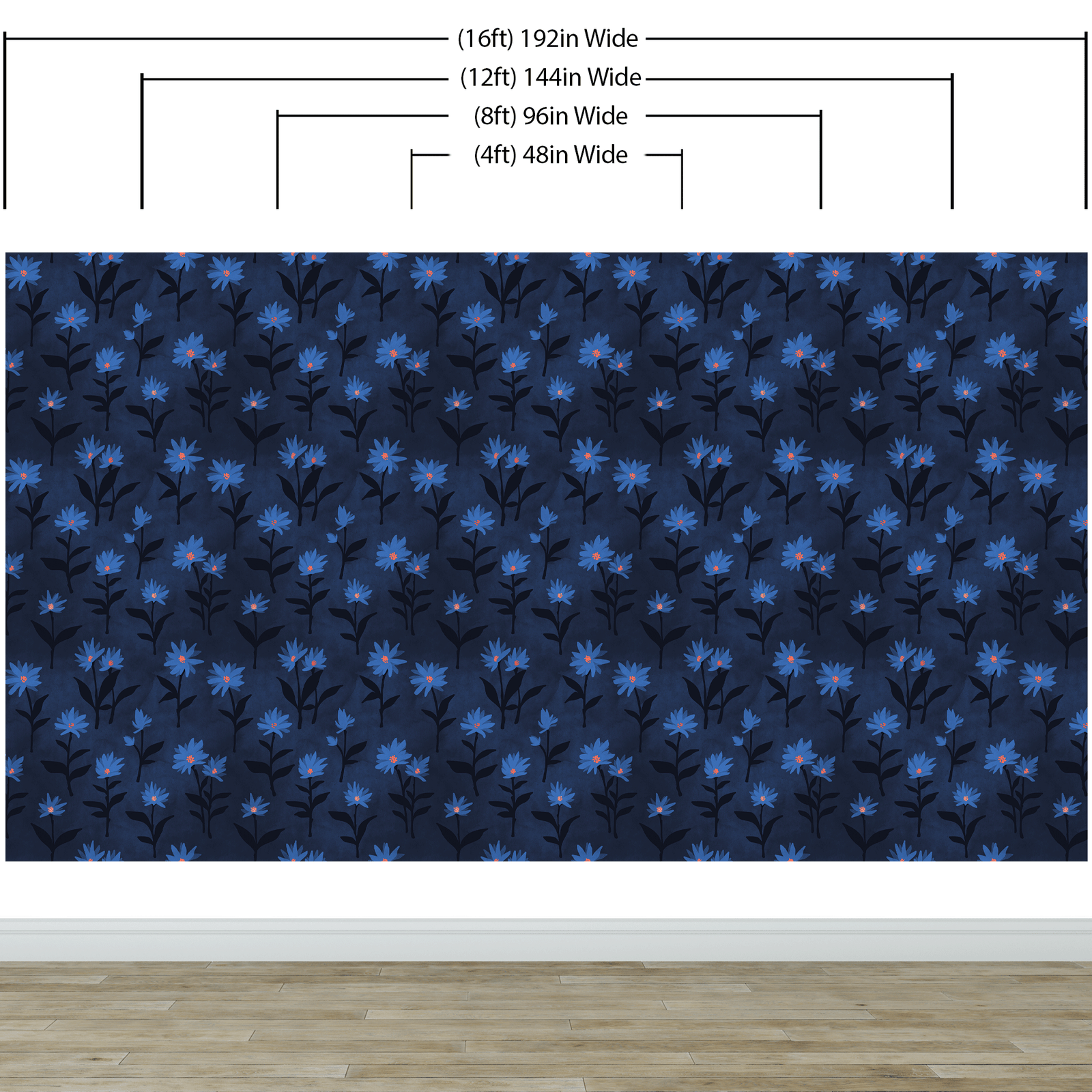 Blue Color Flower Wall Mural Pattern. Dark Navy Blue Background. #6451