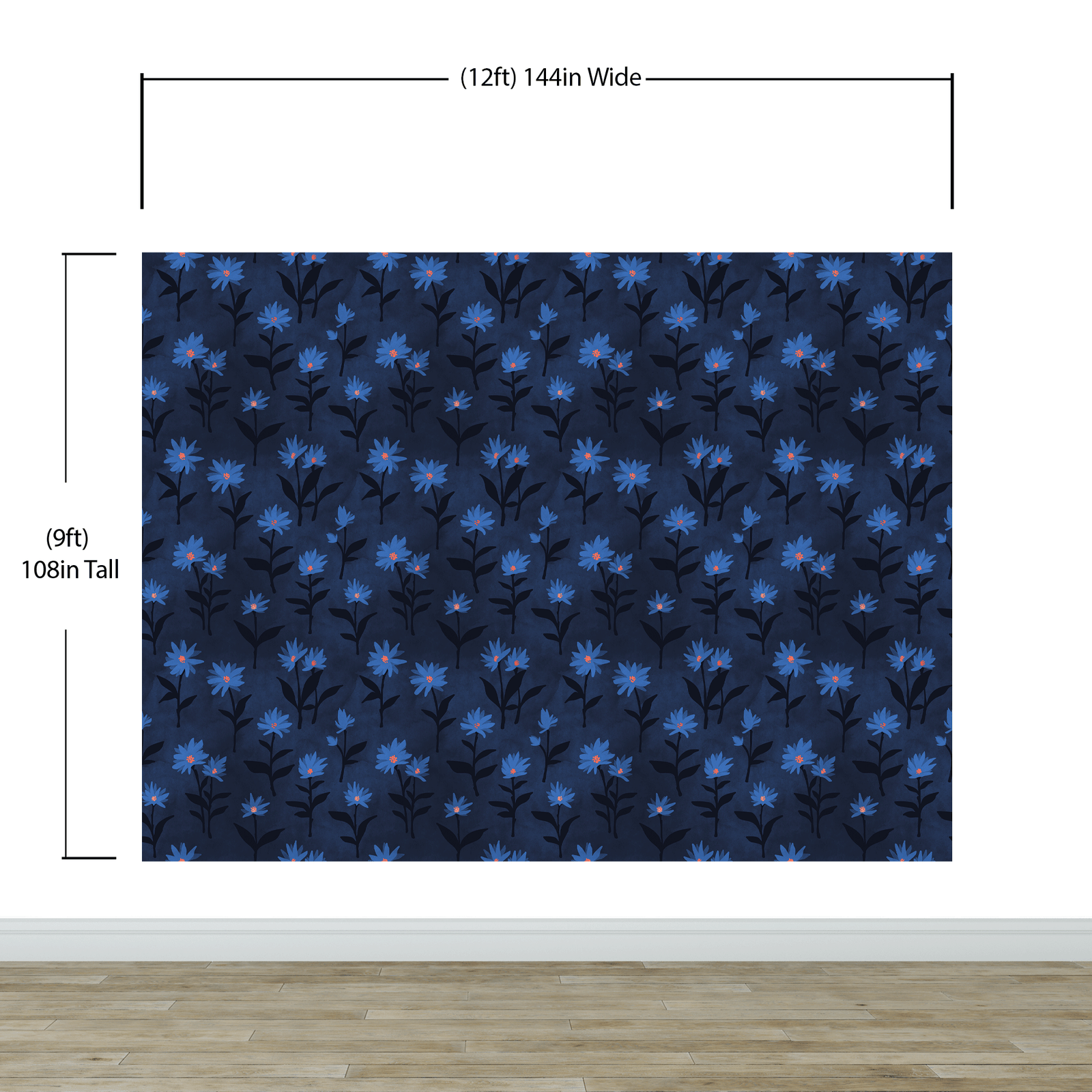 Blue Color Flower Wall Mural Pattern. Dark Navy Blue Background. #6451