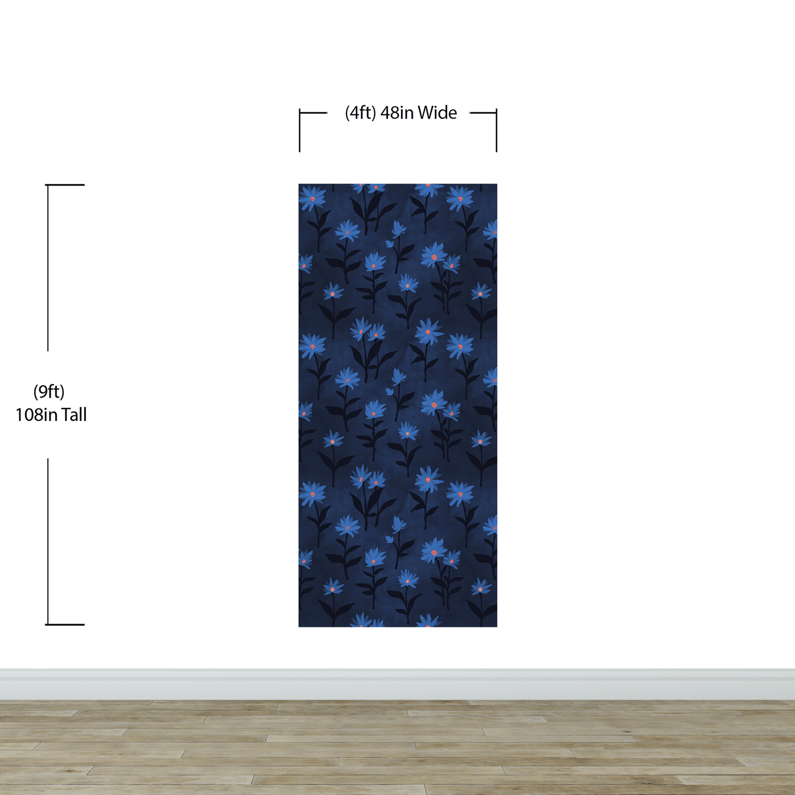 Blue Color Flower Wall Mural Pattern. Dark Navy Blue Background. #6451