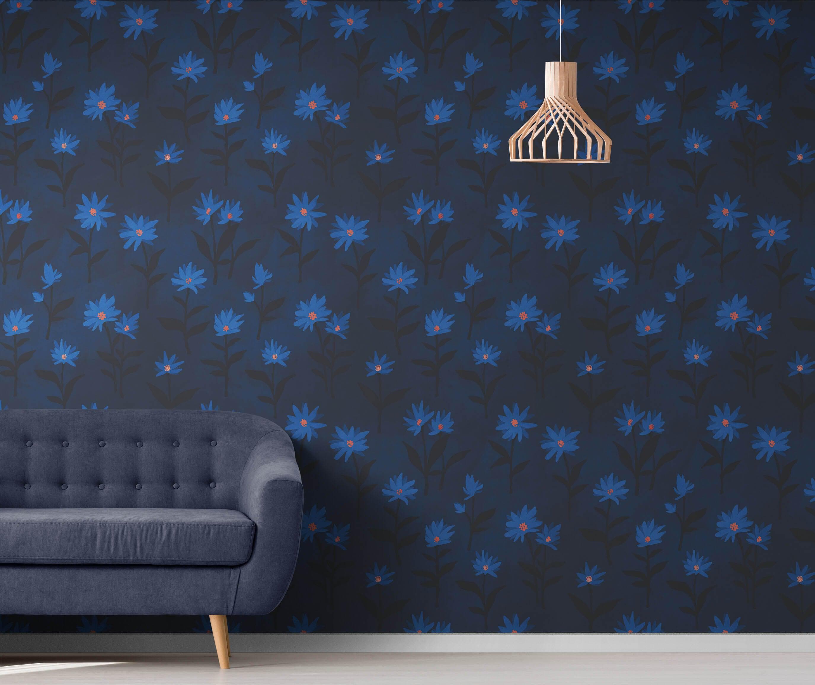 Blue Color Flower Wall Mural Pattern. Dark Navy Blue Background. #6451
