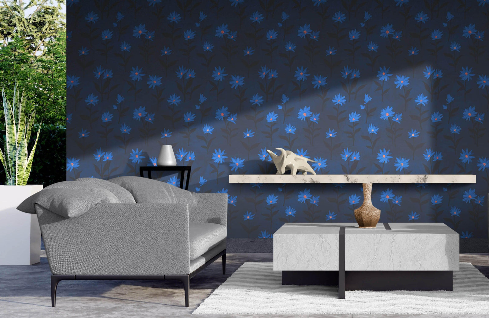 Blue Color Flower Wall Mural Pattern. Dark Navy Blue Background. #6451