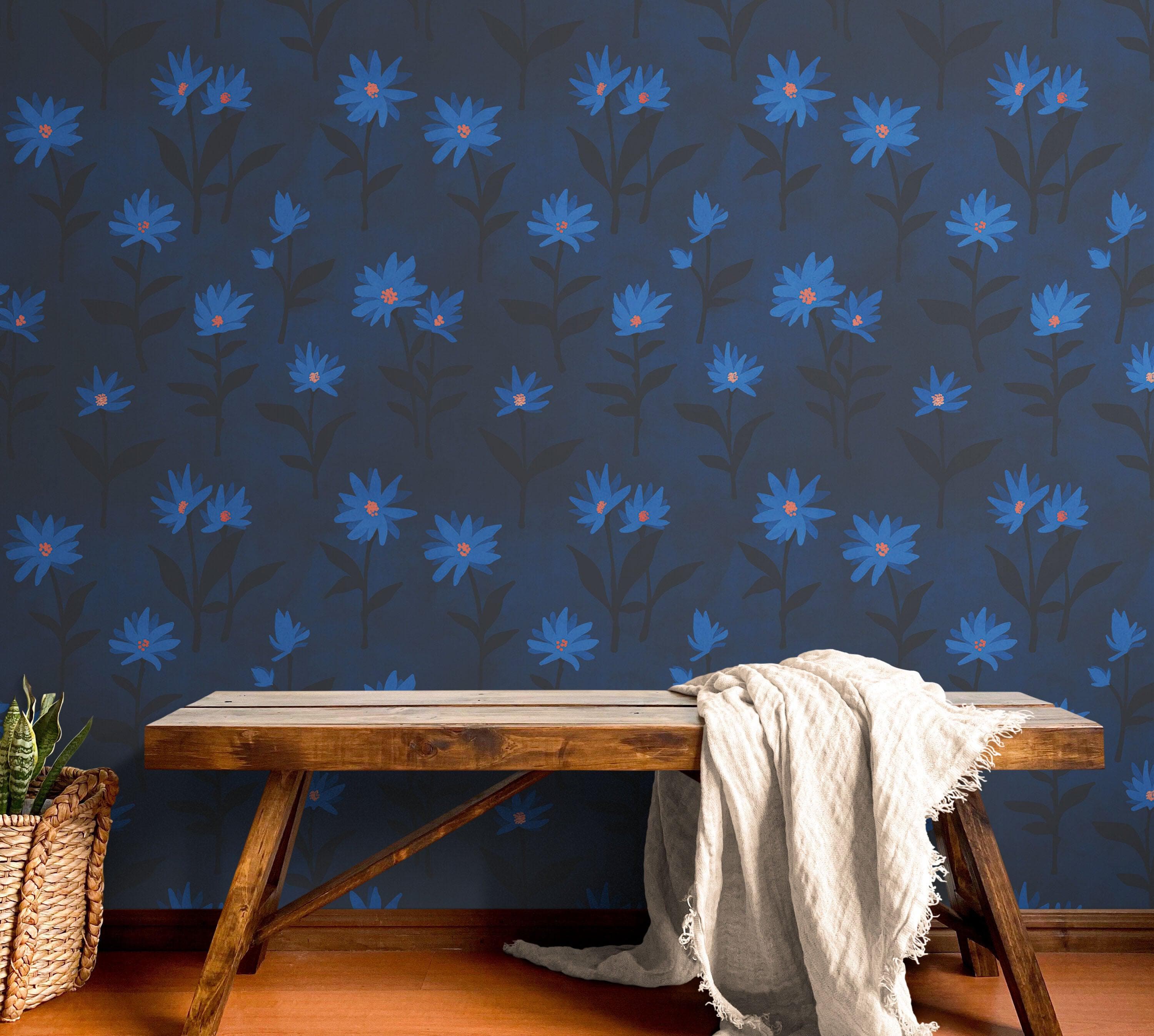 Blue Color Flower Wall Mural Pattern. Dark Navy Blue Background. #6451