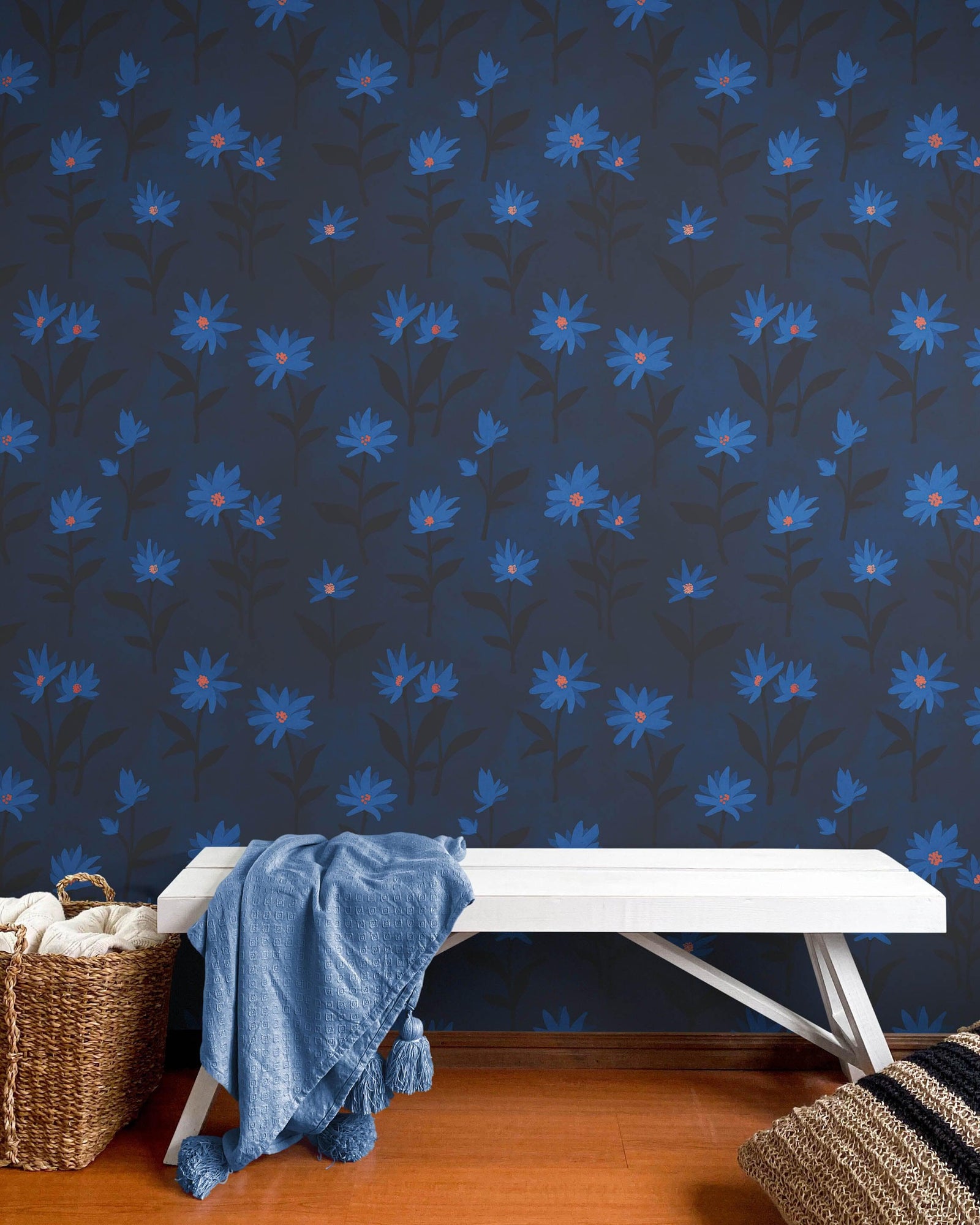 Blue Color Flower Wall Mural Pattern. Dark Navy Blue Background. #6451