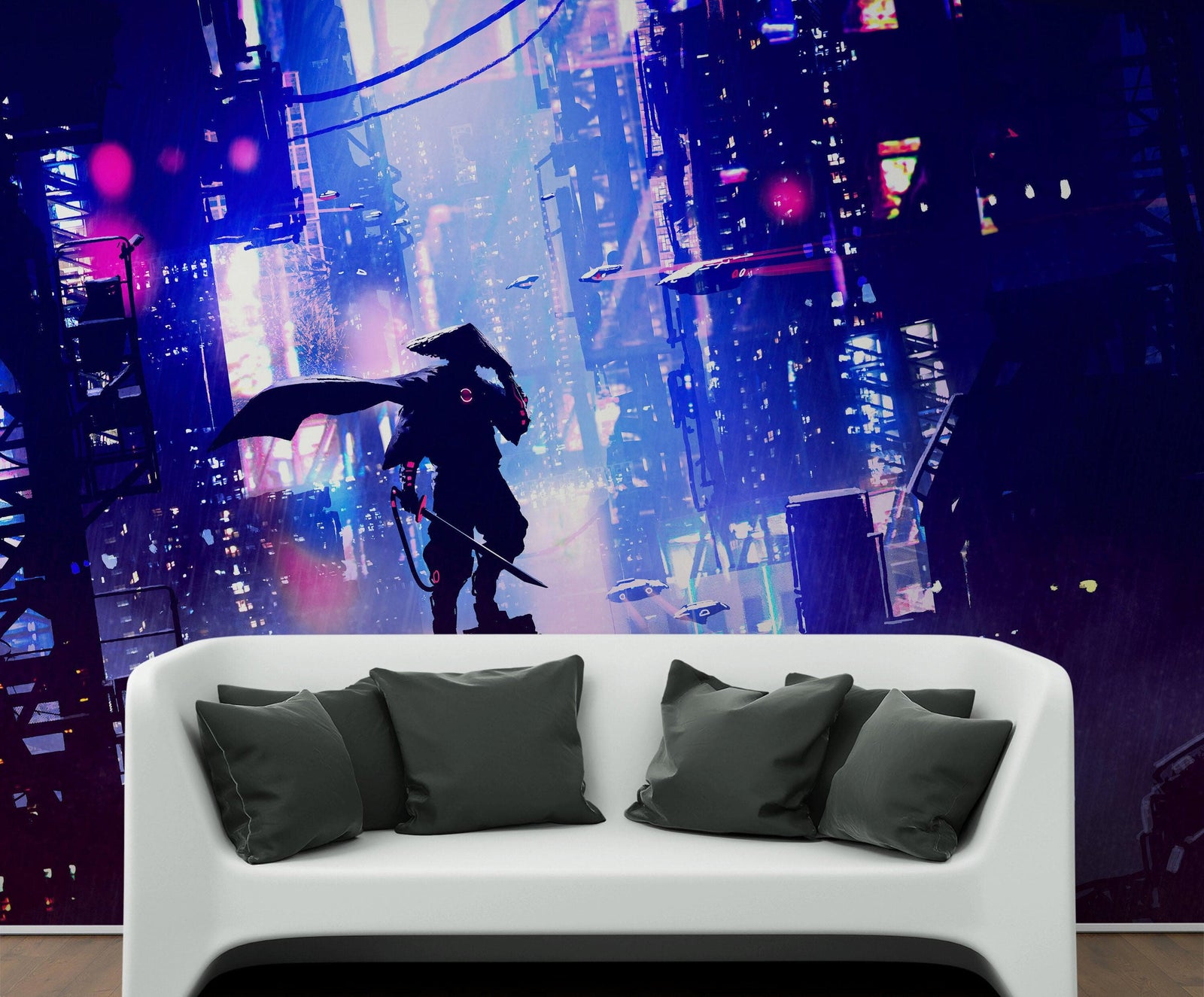 Japanese Samurai in Cyberpunk Futuristic City of Japan Wall Mural. #6452