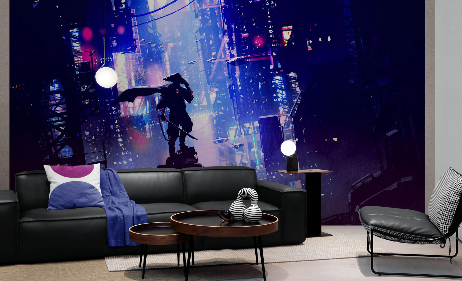 Japanese Samurai in Cyberpunk Futuristic City of Japan Wall Mural. #6452