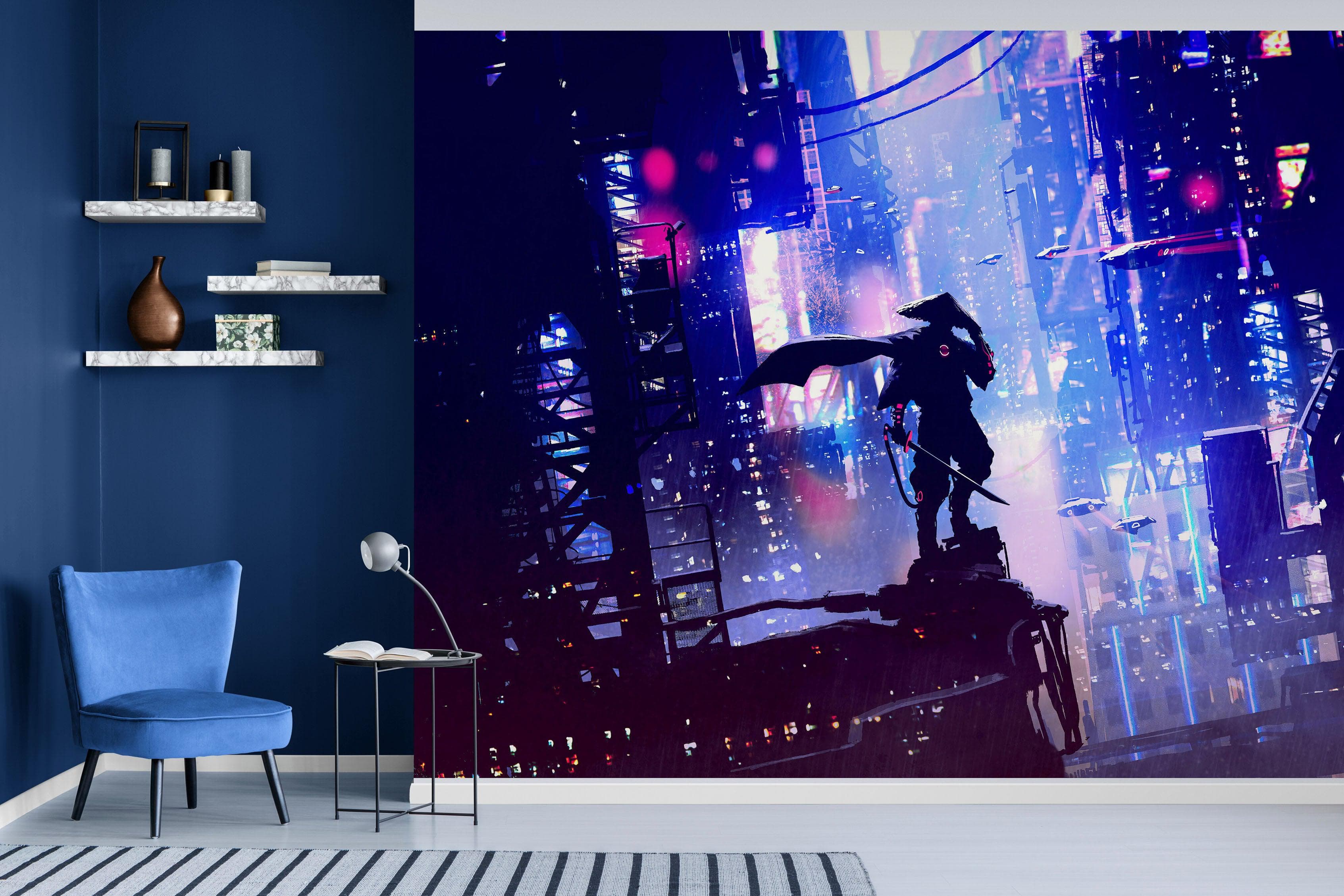 Japanese Samurai in Cyberpunk Futuristic City of Japan Wall Mural. #6452
