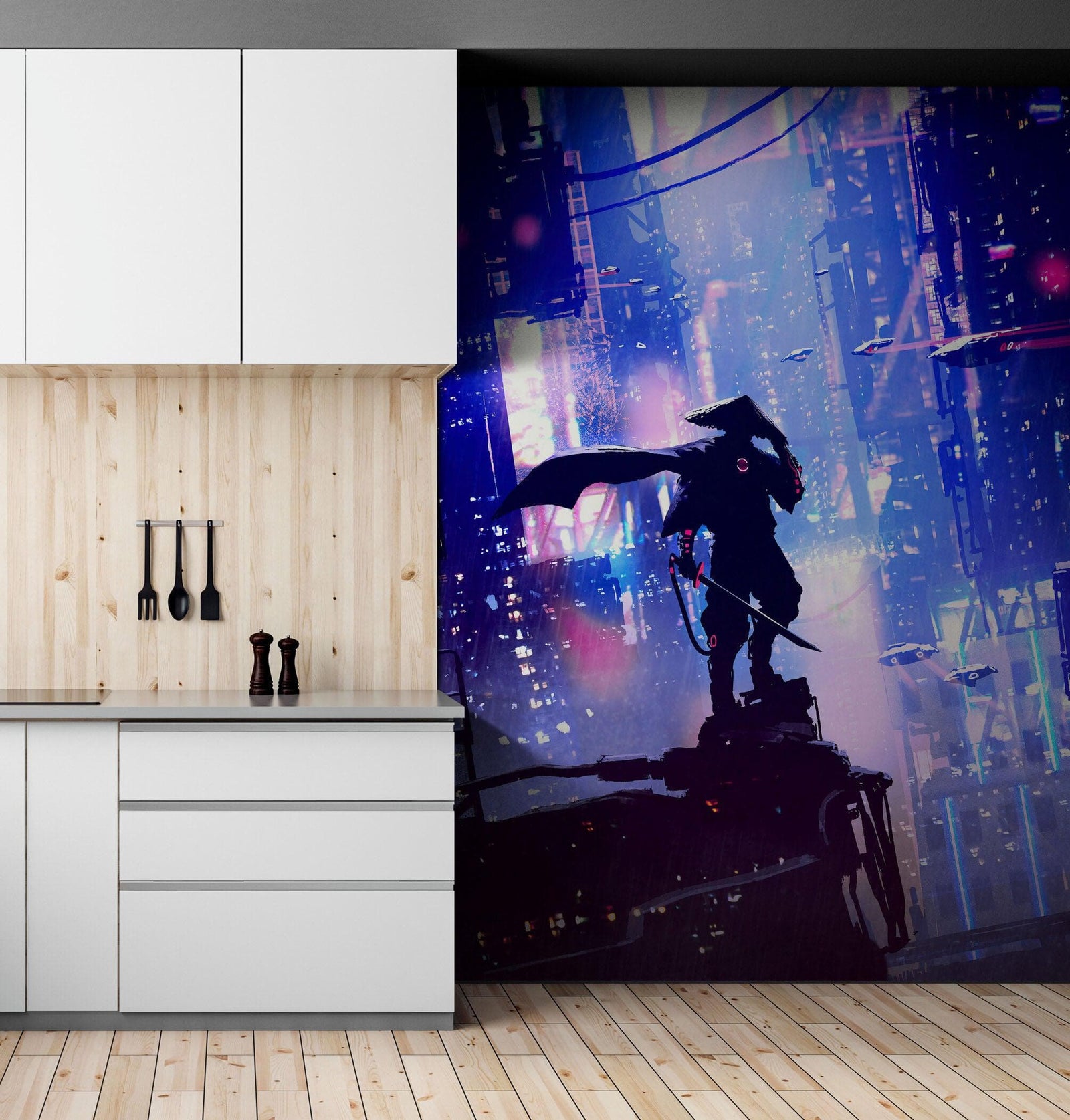 Japanese Samurai in Cyberpunk Futuristic City of Japan Wall Mural. #6452