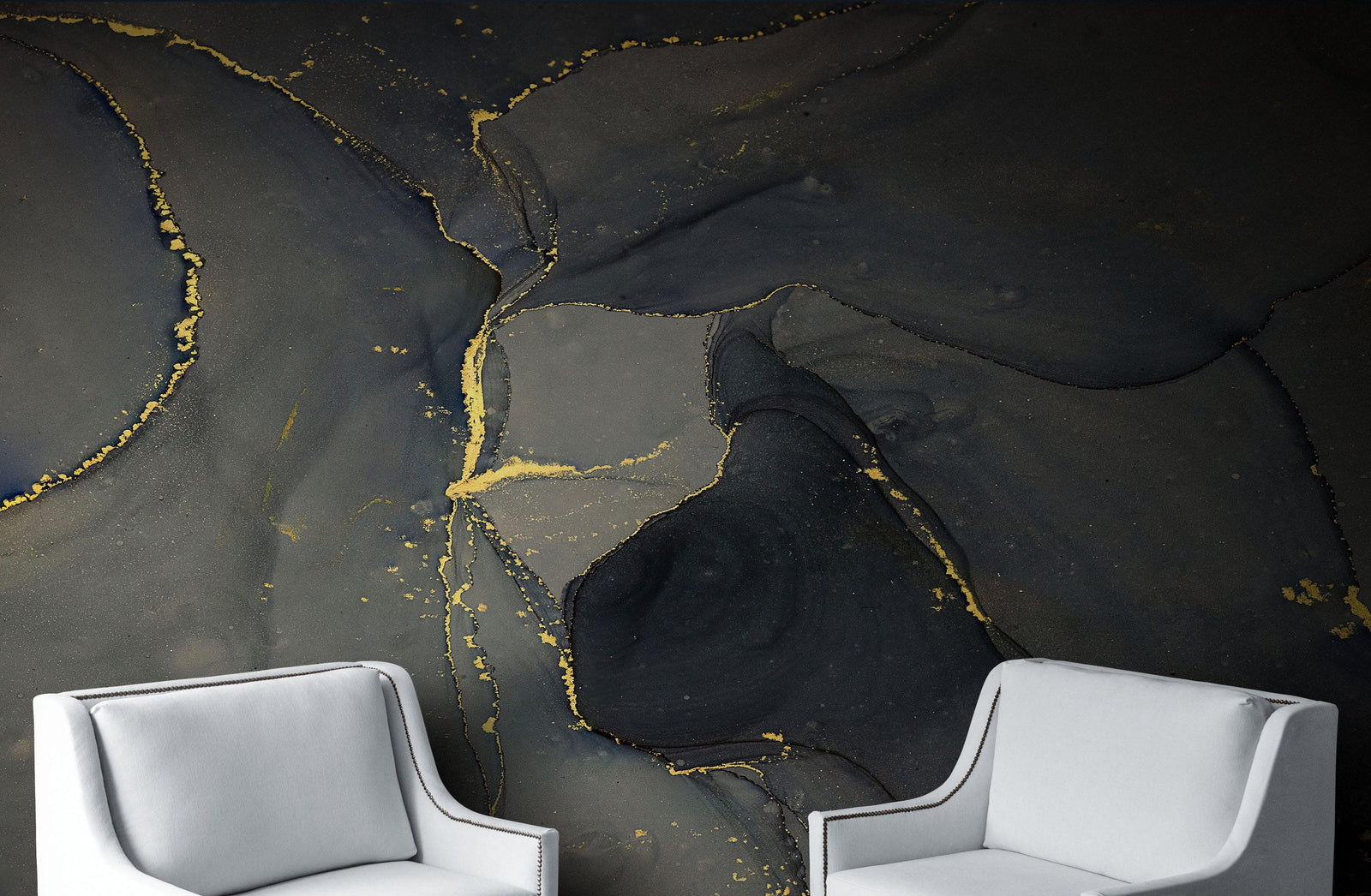 Abstract Black and Gold Agate Marble Stone Pattern Wall Mural. Removable Peel and Stick Wallpaper. #6454