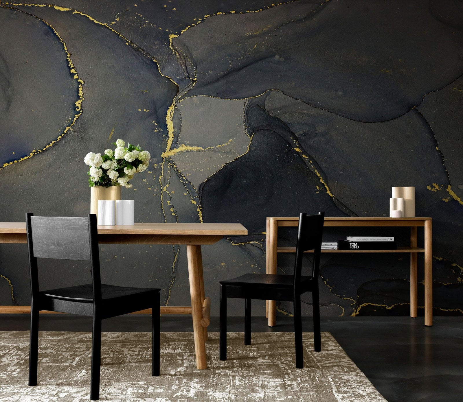 Abstract Black and Gold Agate Marble Stone Pattern Wall Mural. Removable Peel and Stick Wallpaper. #6454