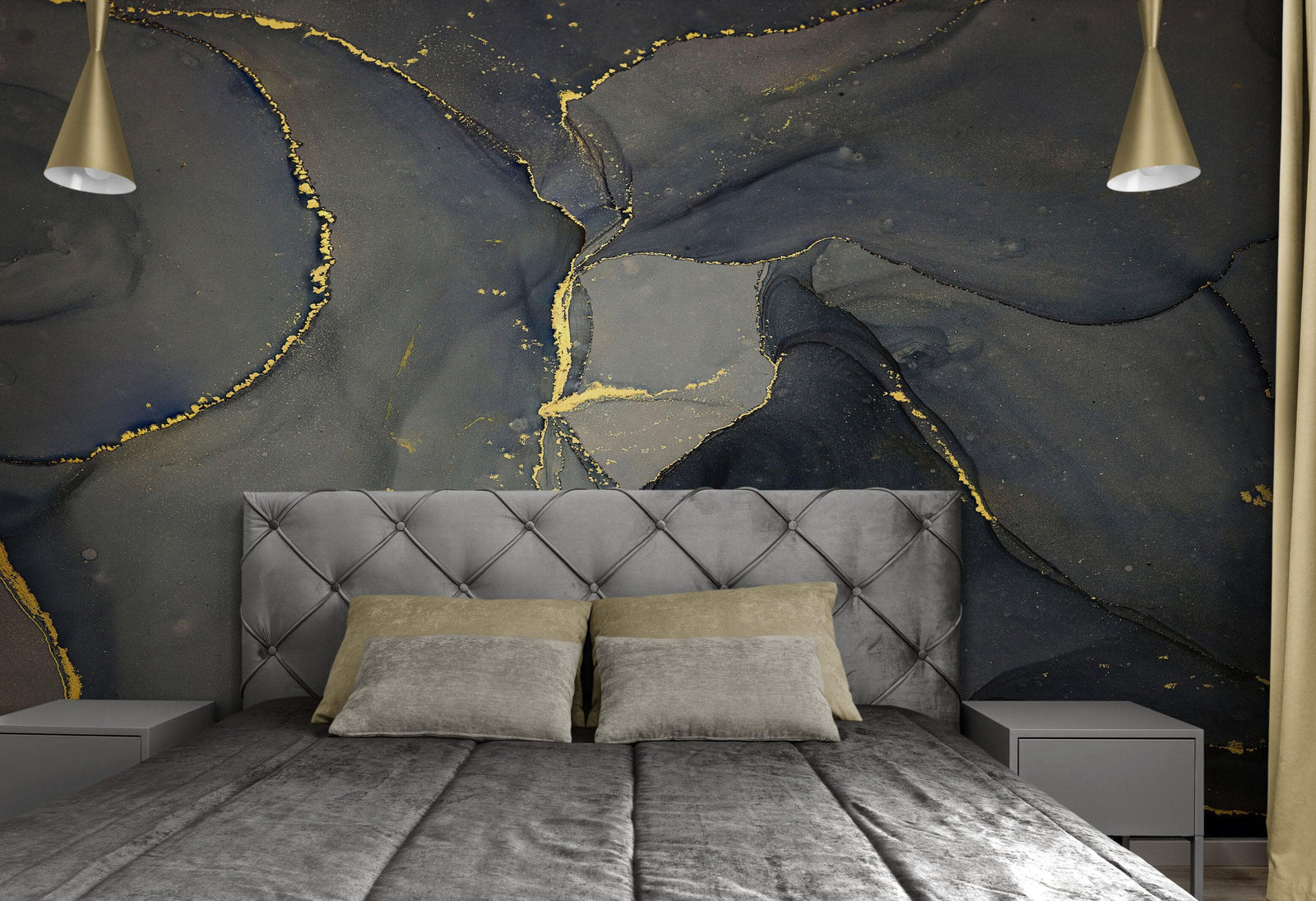 Abstract Black and Gold Agate Marble Stone Pattern Wall Mural. Removable Peel and Stick Wallpaper. #6454