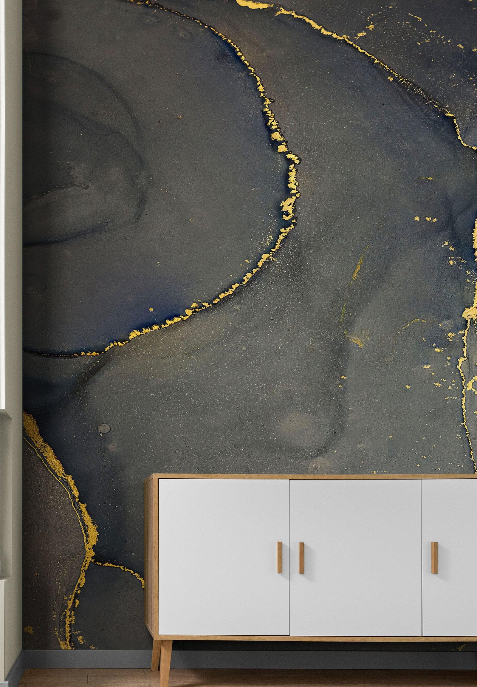 Abstract Black and Gold Agate Marble Stone Pattern Wall Mural. Removable Peel and Stick Wallpaper. #6454
