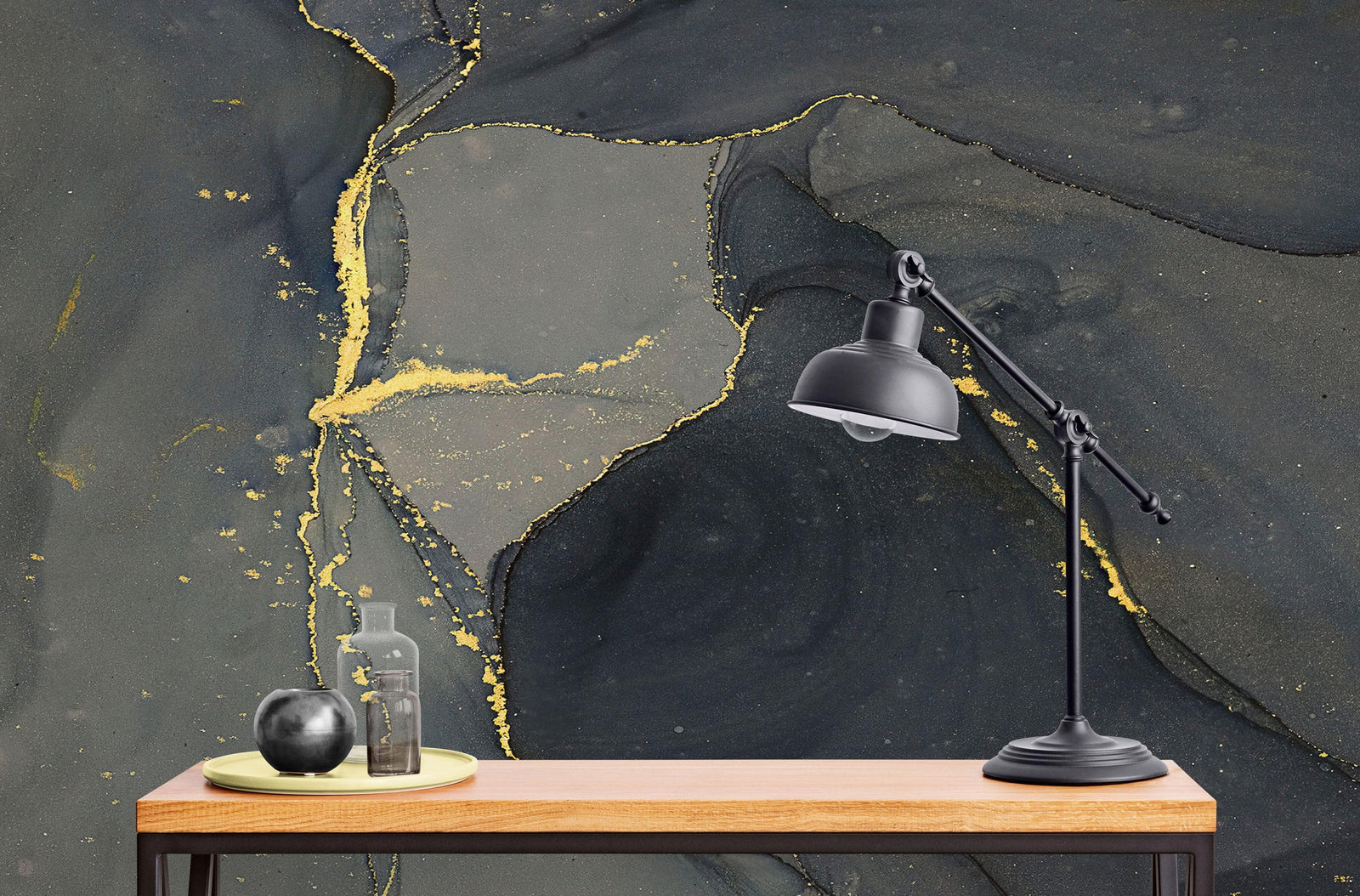 Abstract Black and Gold Agate Marble Stone Pattern Wall Mural. Removable Peel and Stick Wallpaper. #6454
