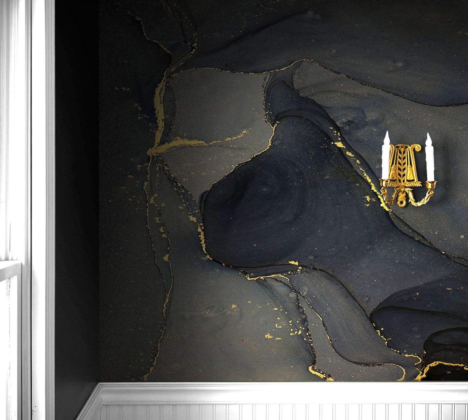 Abstract Black and Gold Agate Marble Stone Pattern Wall Mural. Removable Peel and Stick Wallpaper. #6454