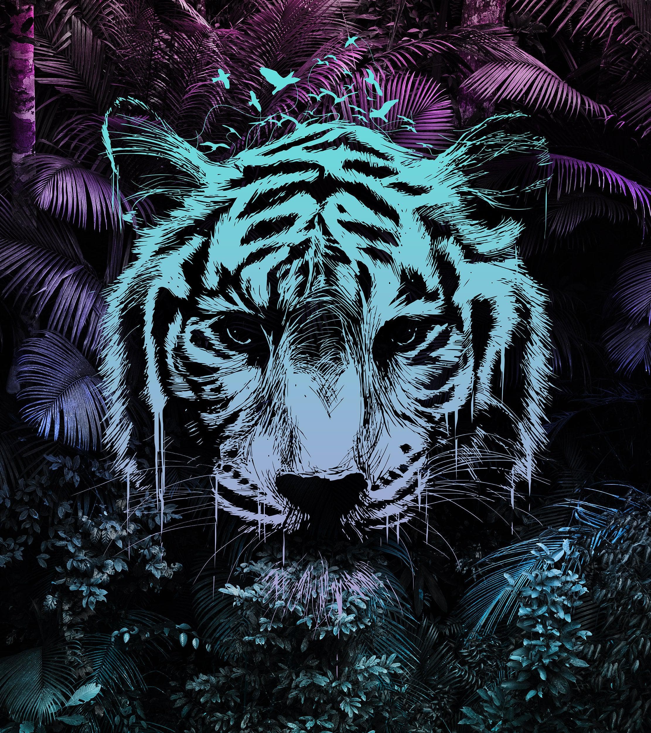 Tiger in Rainforest Wall Mural. Neon Color Pop Modern Decor. #6459