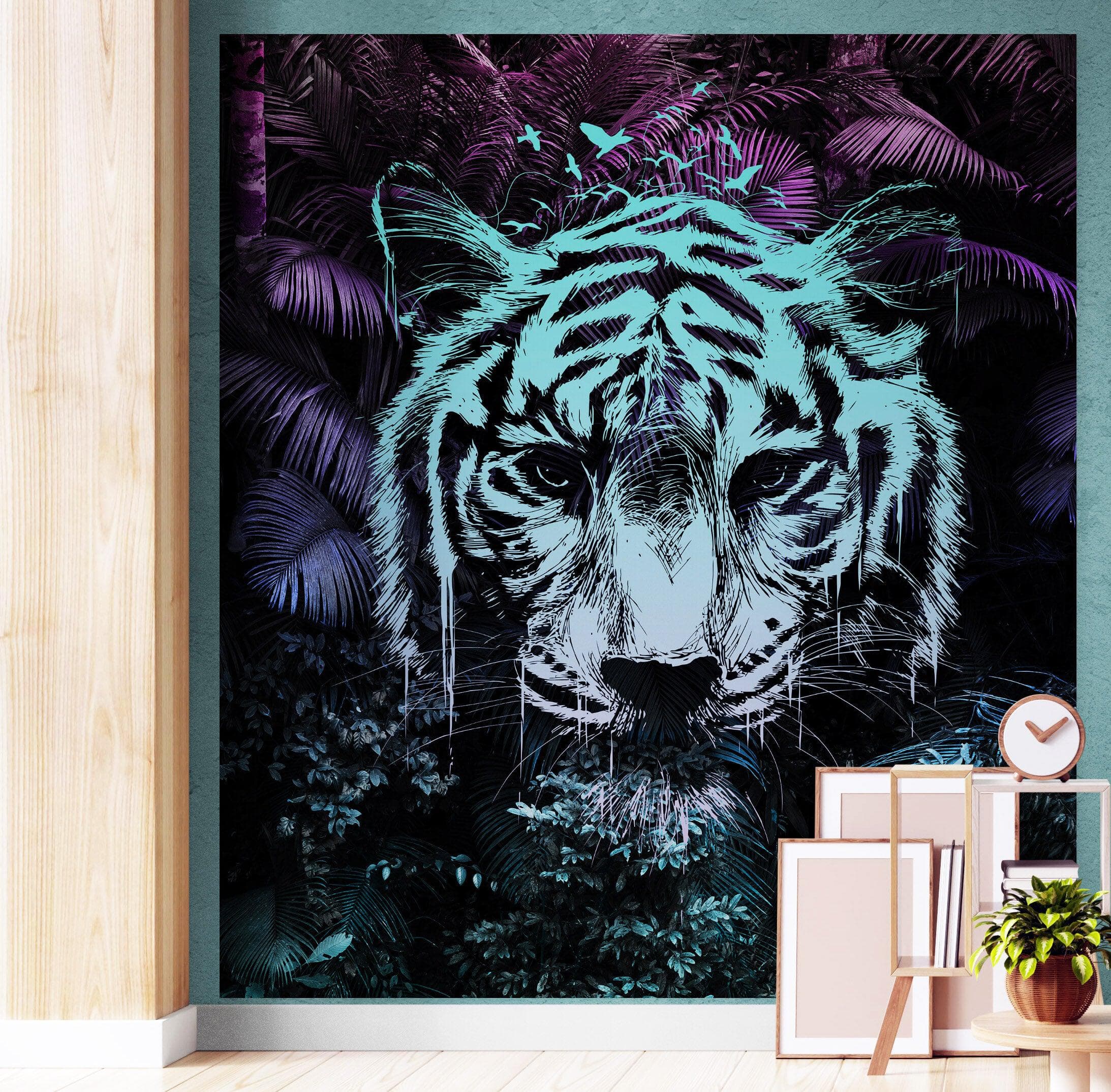 Tiger in Rainforest Wall Mural. Neon Color Pop Modern Decor. #6459
