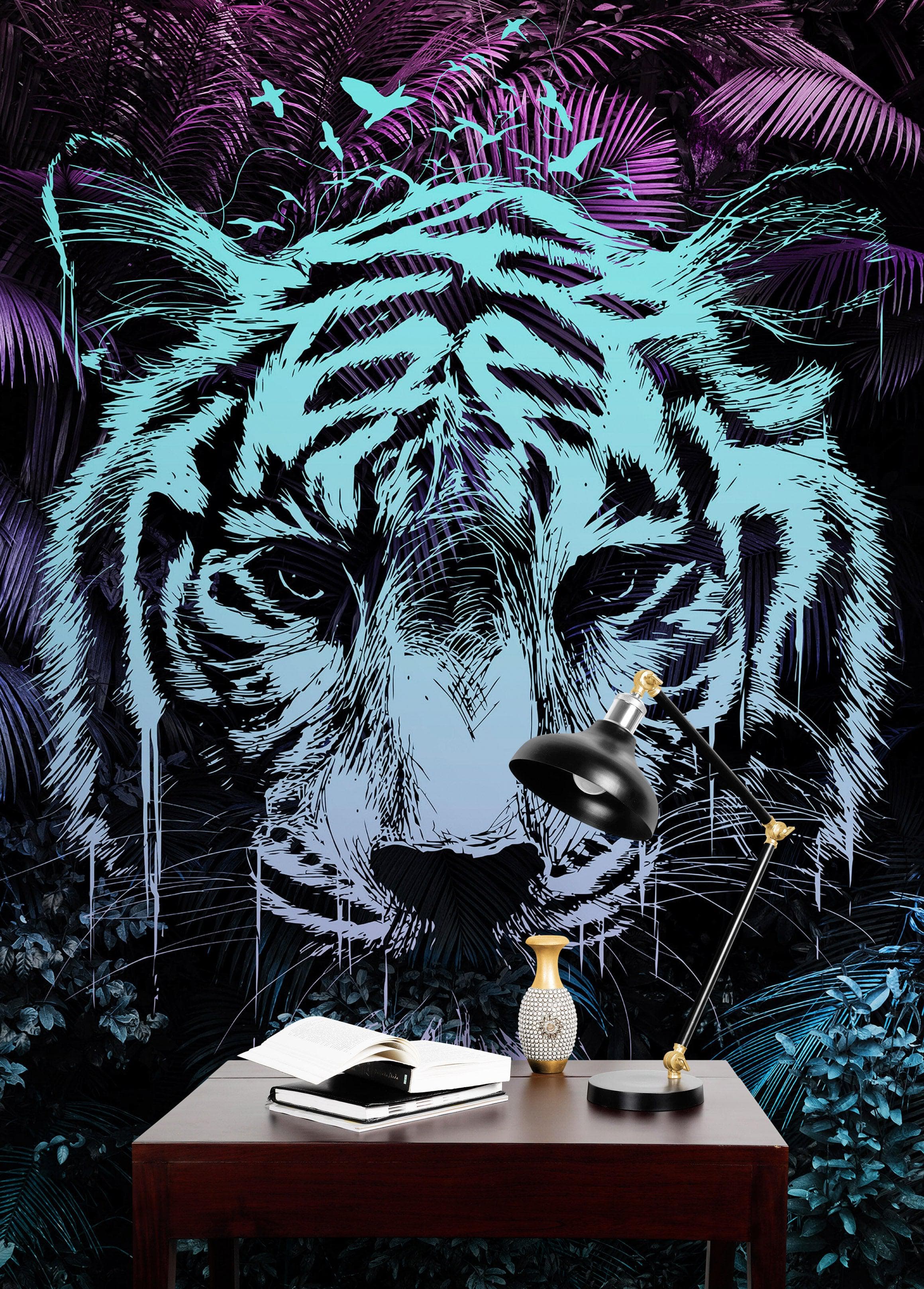 Tiger in Rainforest Wall Mural. Neon Color Pop Modern Decor. #6459