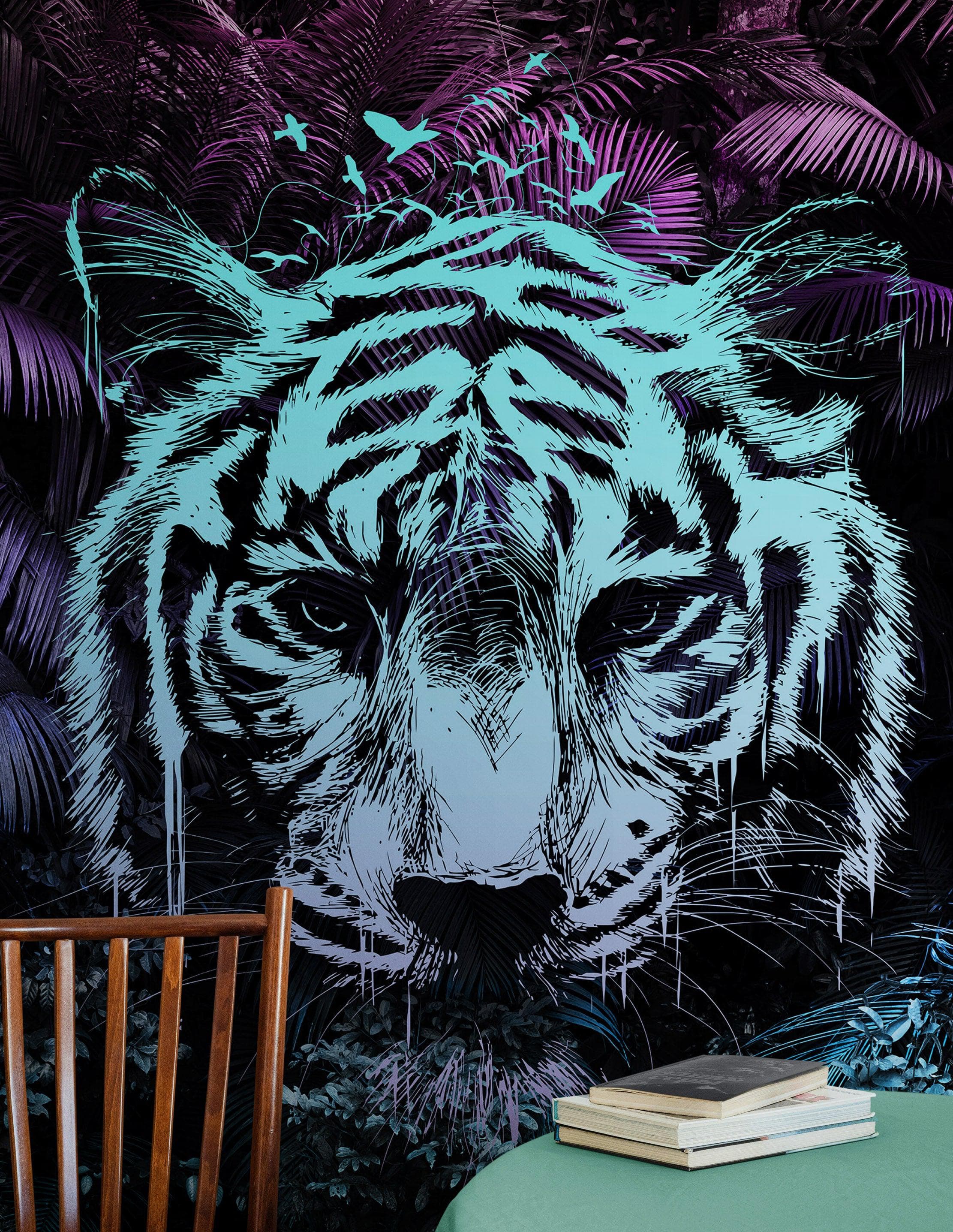 Tiger in Rainforest Wall Mural. Neon Color Pop Modern Decor. #6459