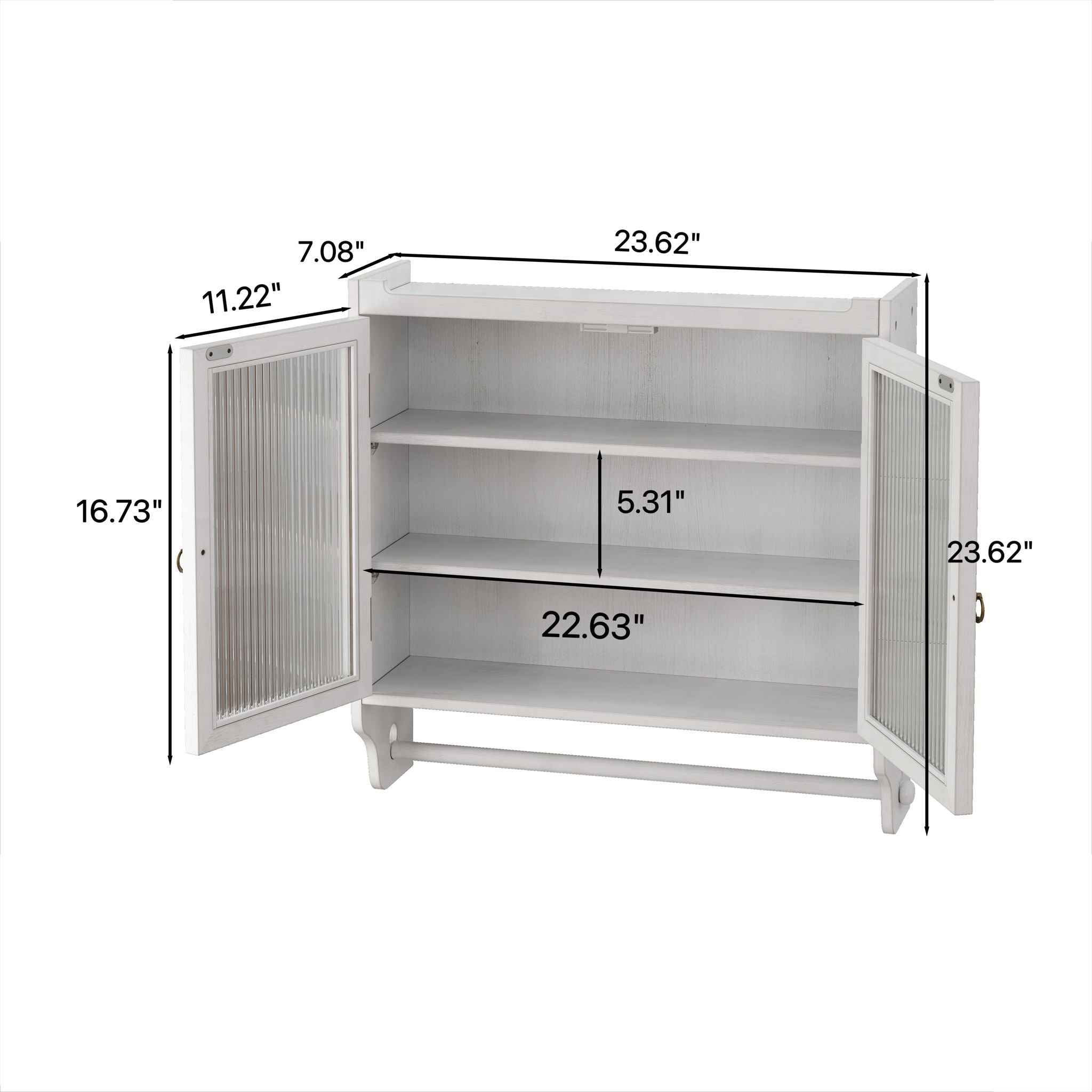 Vintage Double Door Wall Cabinet With Three Tiers Storage And Towel Rack - White Washed
