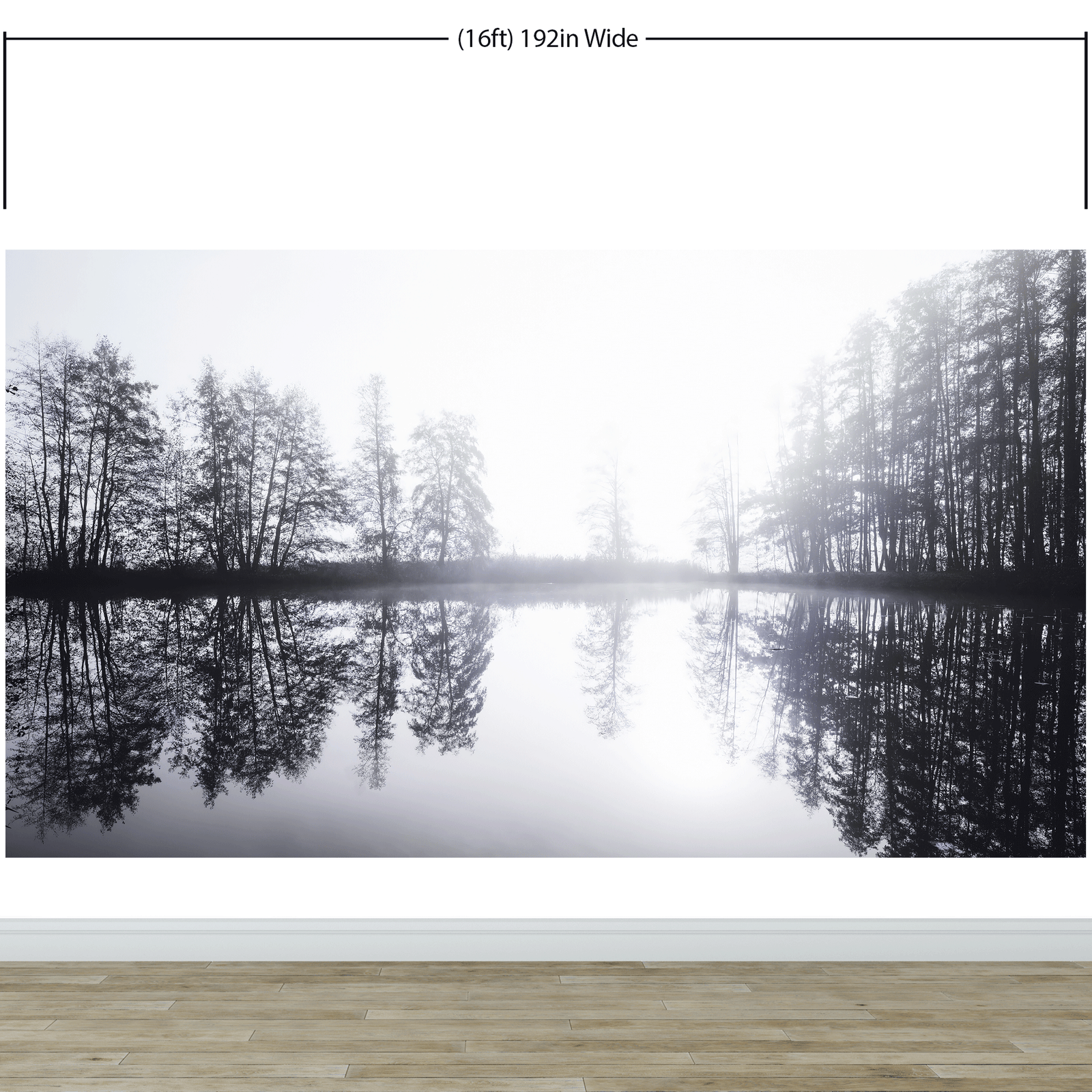Foggy Woodland Wall Mural. Warm Grey Misty Forest Lakeview Peel and Stick Wallpaper. #6474