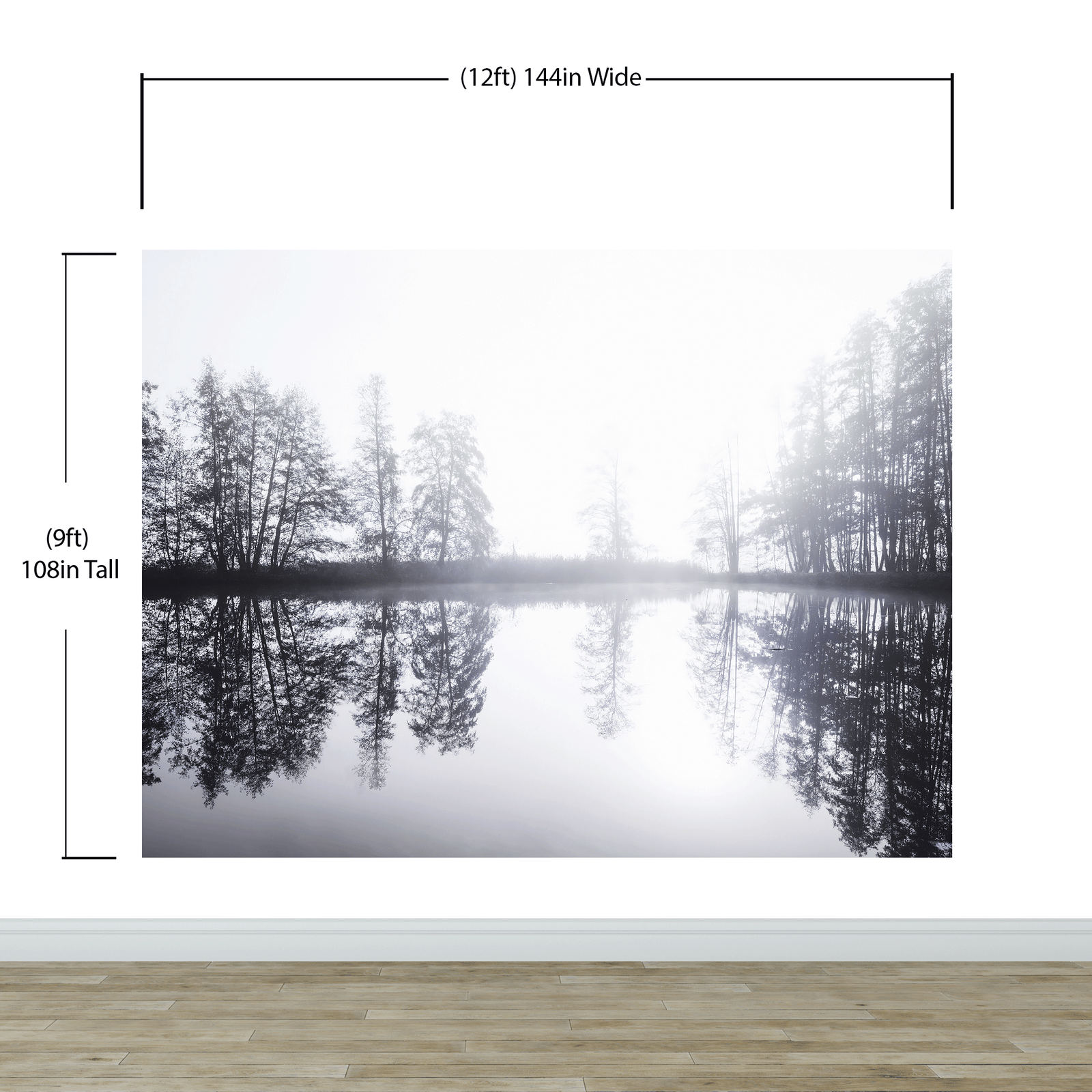 Foggy Woodland Wall Mural. Warm Grey Misty Forest Lakeview Peel and Stick Wallpaper. #6474