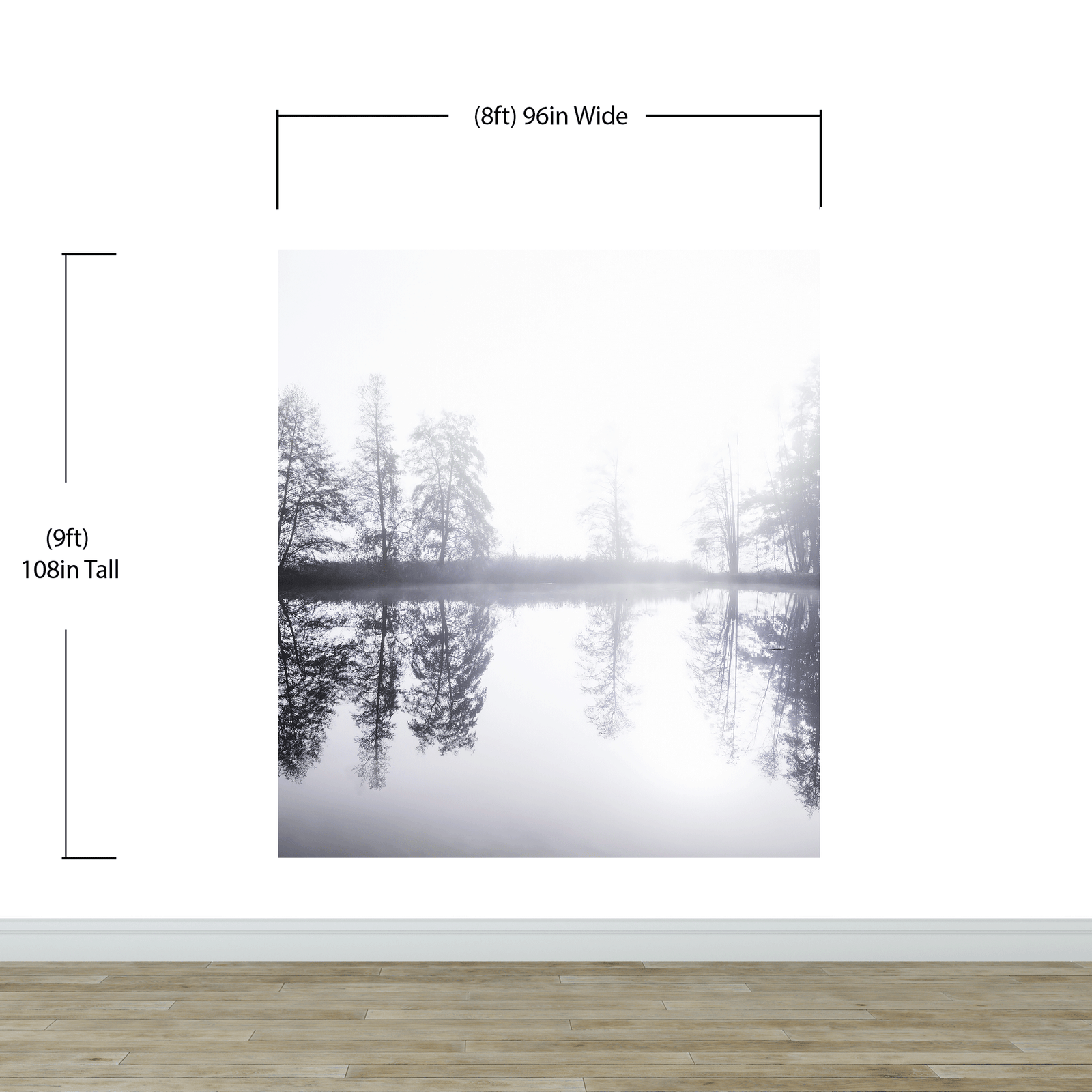 Foggy Woodland Wall Mural. Warm Grey Misty Forest Lakeview Peel and Stick Wallpaper. #6474