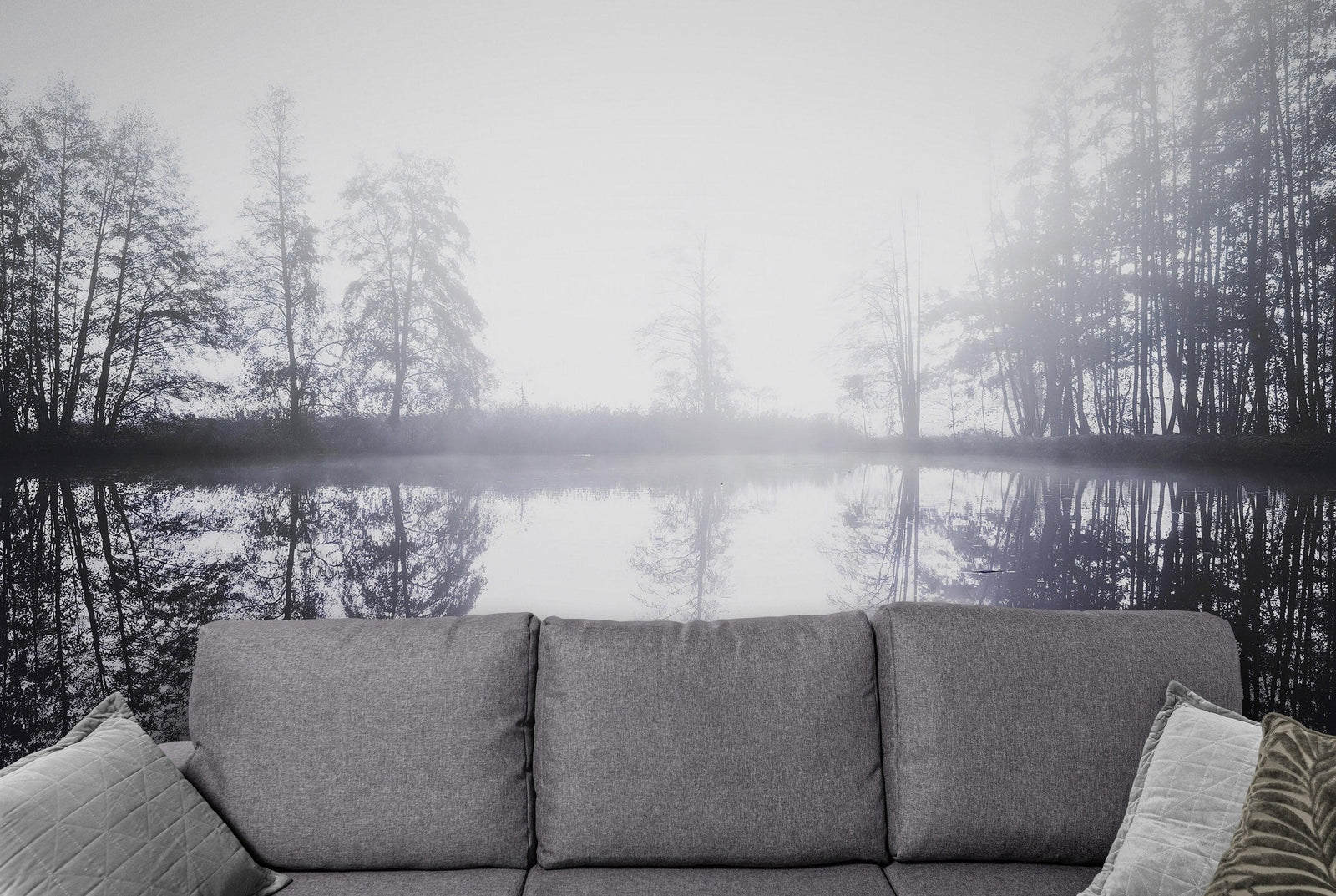 Foggy Woodland Wall Mural. Warm Grey Misty Forest Lakeview Peel and Stick Wallpaper. #6474