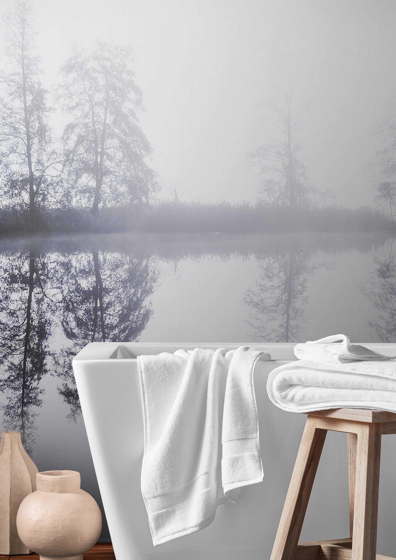 Foggy Woodland Wall Mural. Warm Grey Misty Forest Lakeview Peel and Stick Wallpaper. #6474