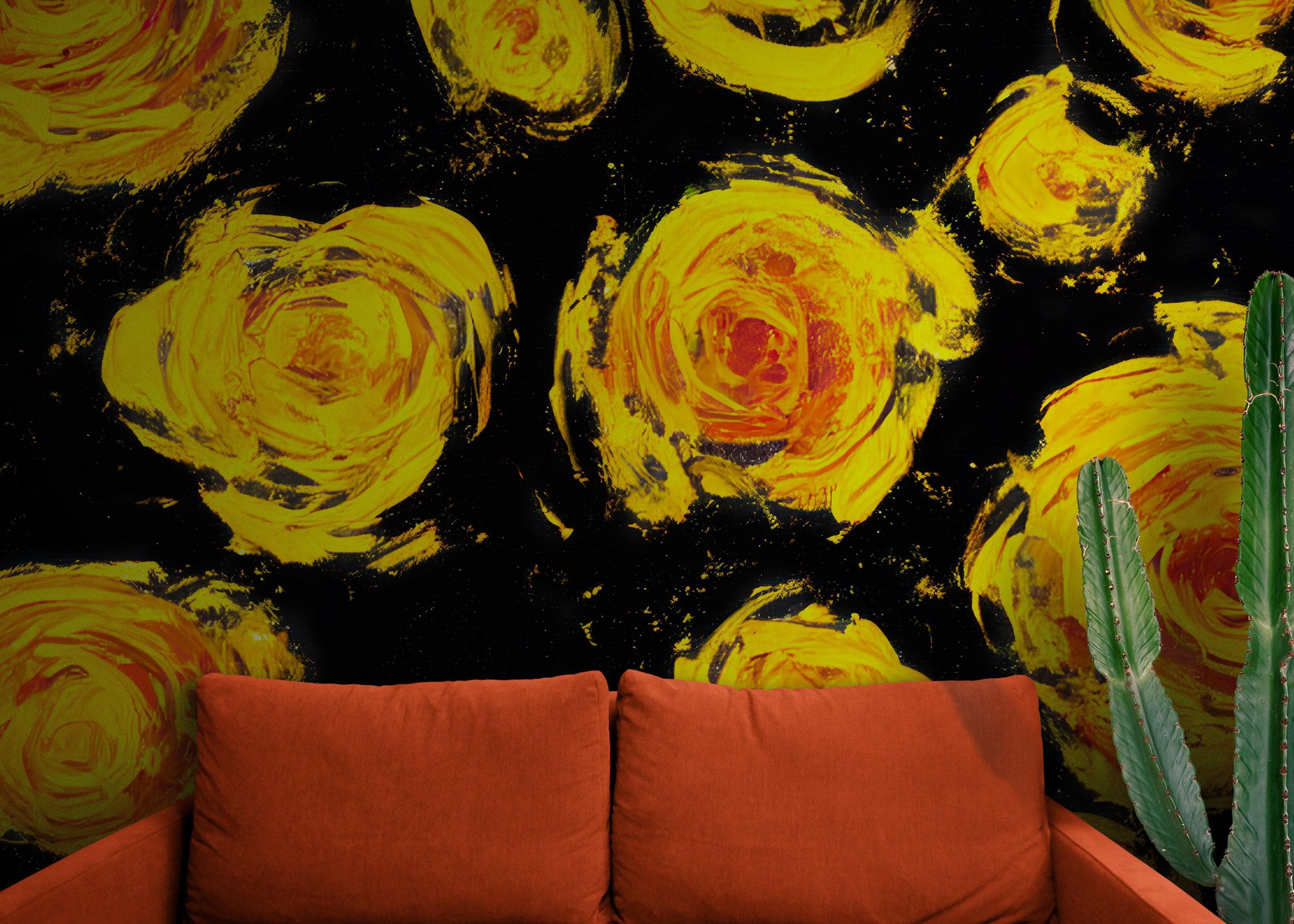 Flower Wallpaper Peel and Stick Wall Mural. Yellow Flowers on Black Background. #6499