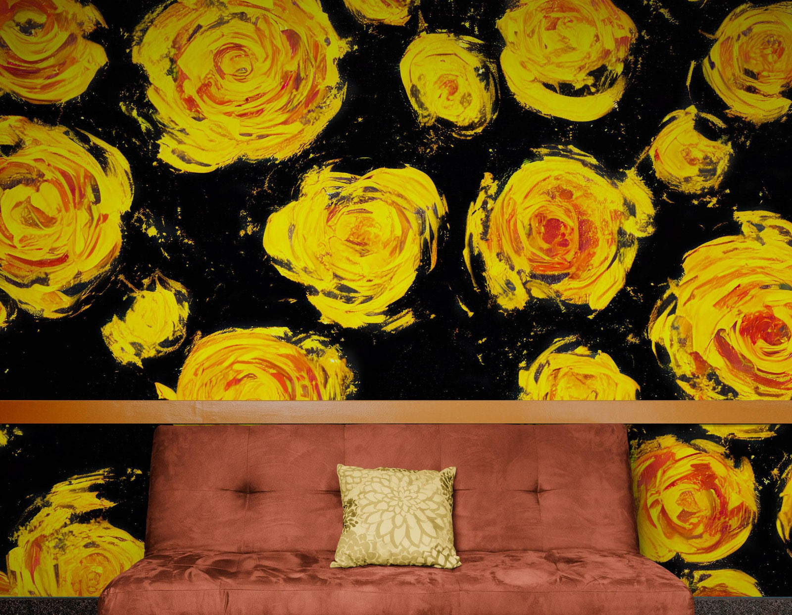 Flower Wallpaper Peel and Stick Wall Mural. Yellow Flowers on Black Background. #6499