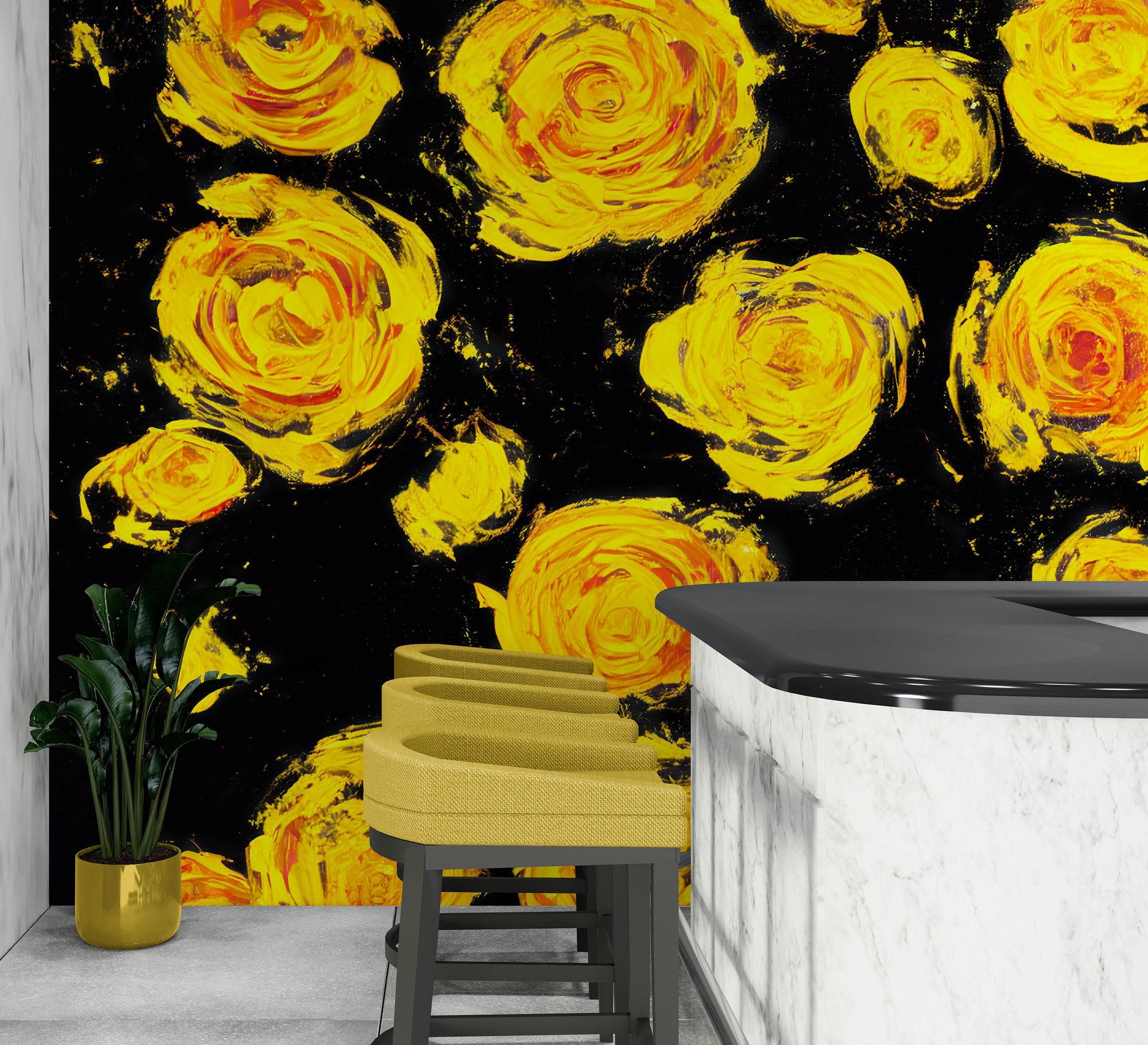 Flower Wallpaper Peel and Stick Wall Mural. Yellow Flowers on Black Background. #6499