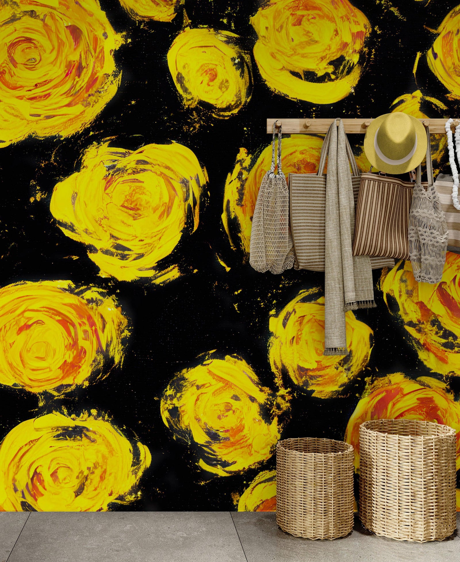 Flower Wallpaper Peel and Stick Wall Mural. Yellow Flowers on Black Background. #6499