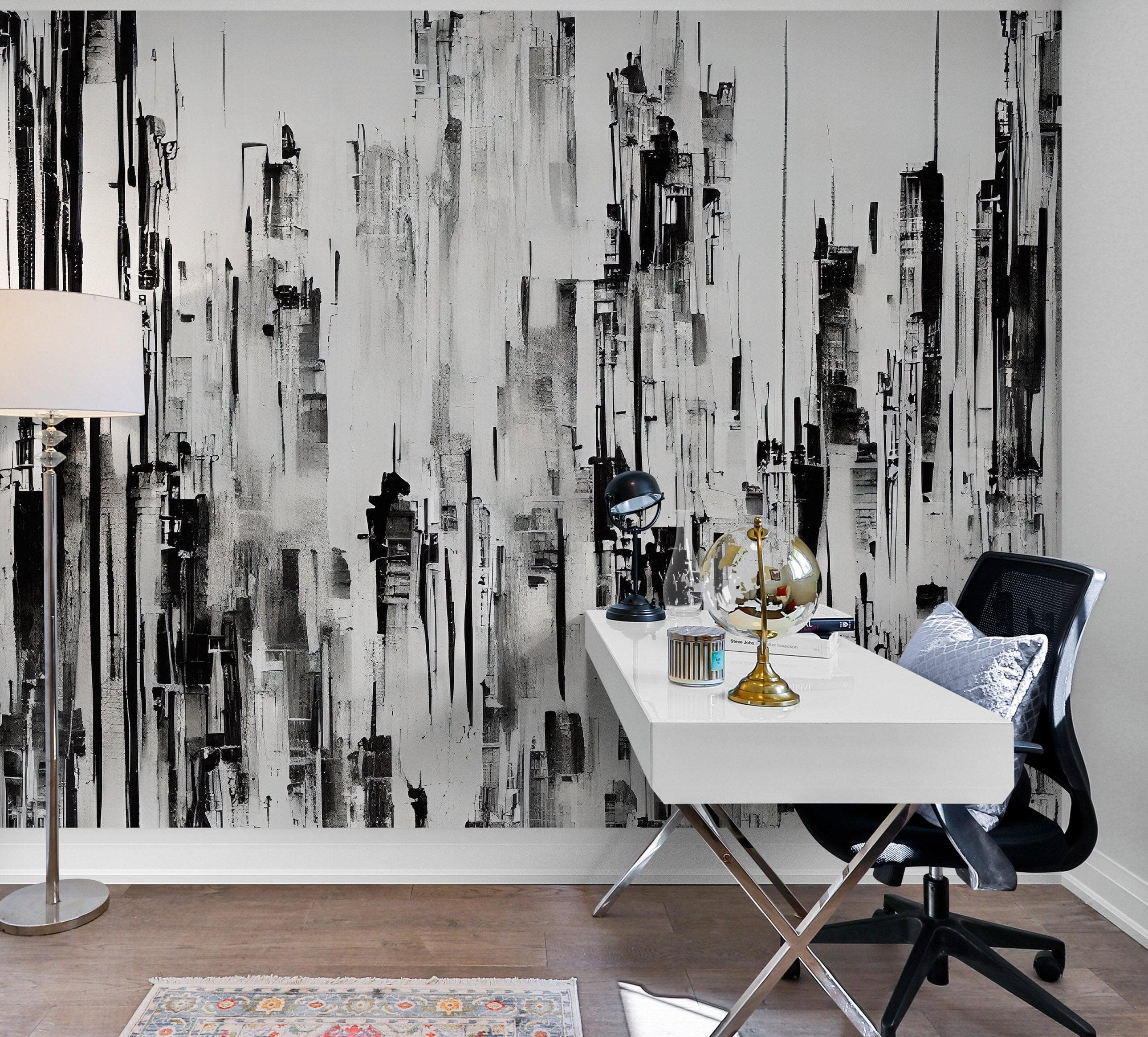 Black and Gray Urban City Wall Mural. Cyber Punk Cityscape. Minimalist Abstract Building Architect Wallpaper. #6487
