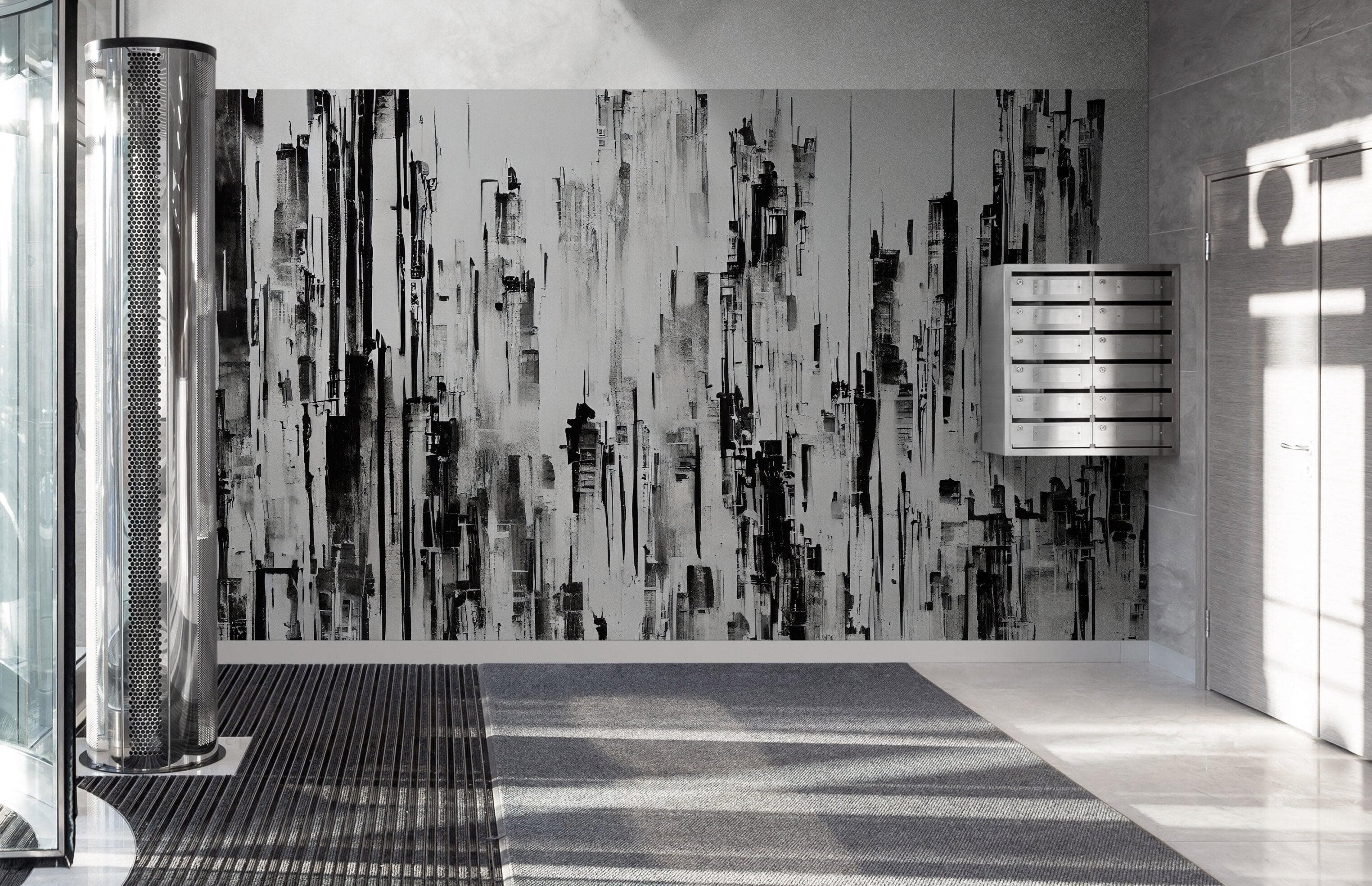 Black and Gray Urban City Wall Mural. Cyber Punk Cityscape. Minimalist Abstract Building Architect Wallpaper. #6487