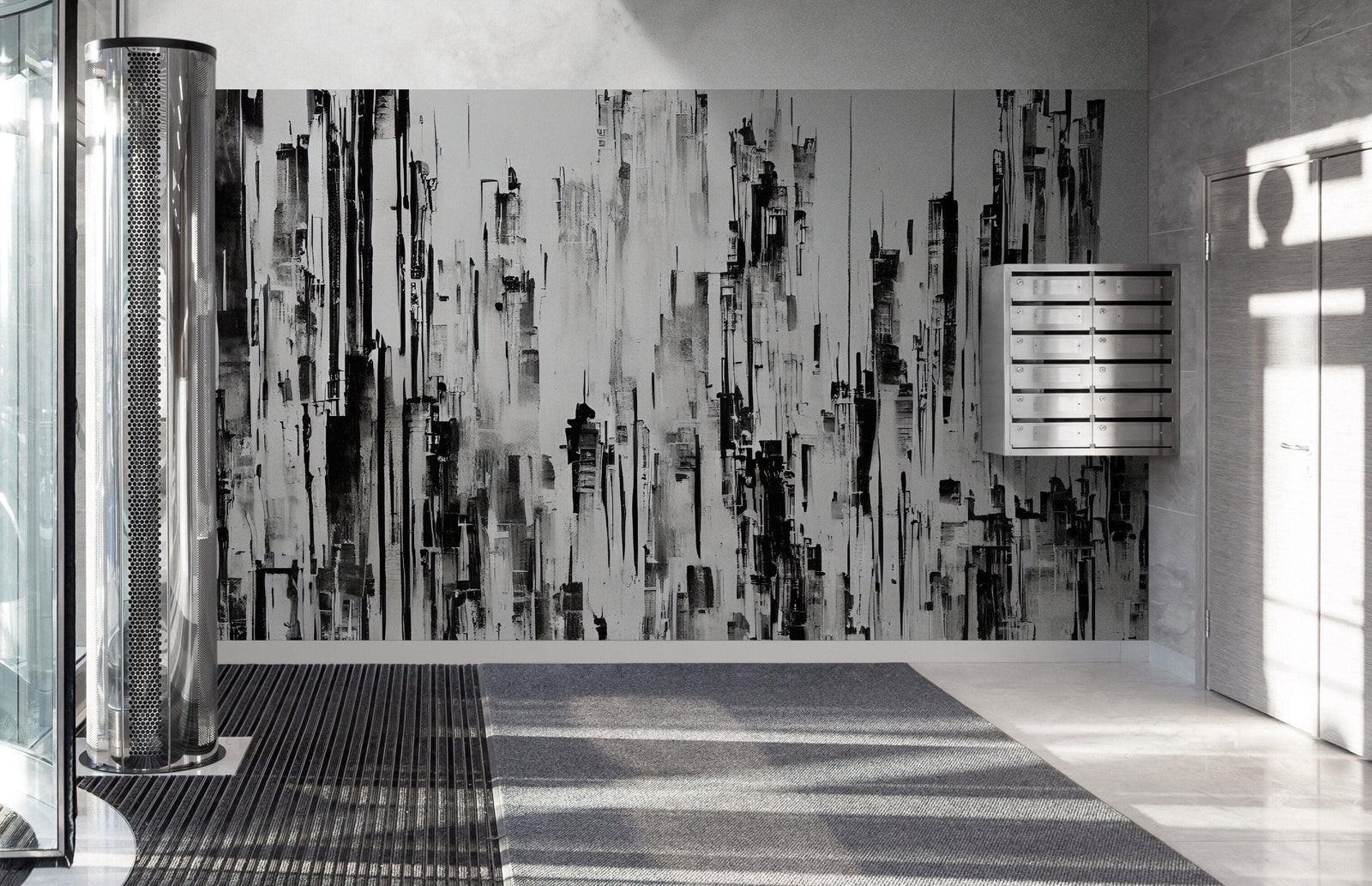 Black and Gray Urban City Wall Mural. Cyber Punk Cityscape. Minimalist Abstract Building Architect Wallpaper. #6487