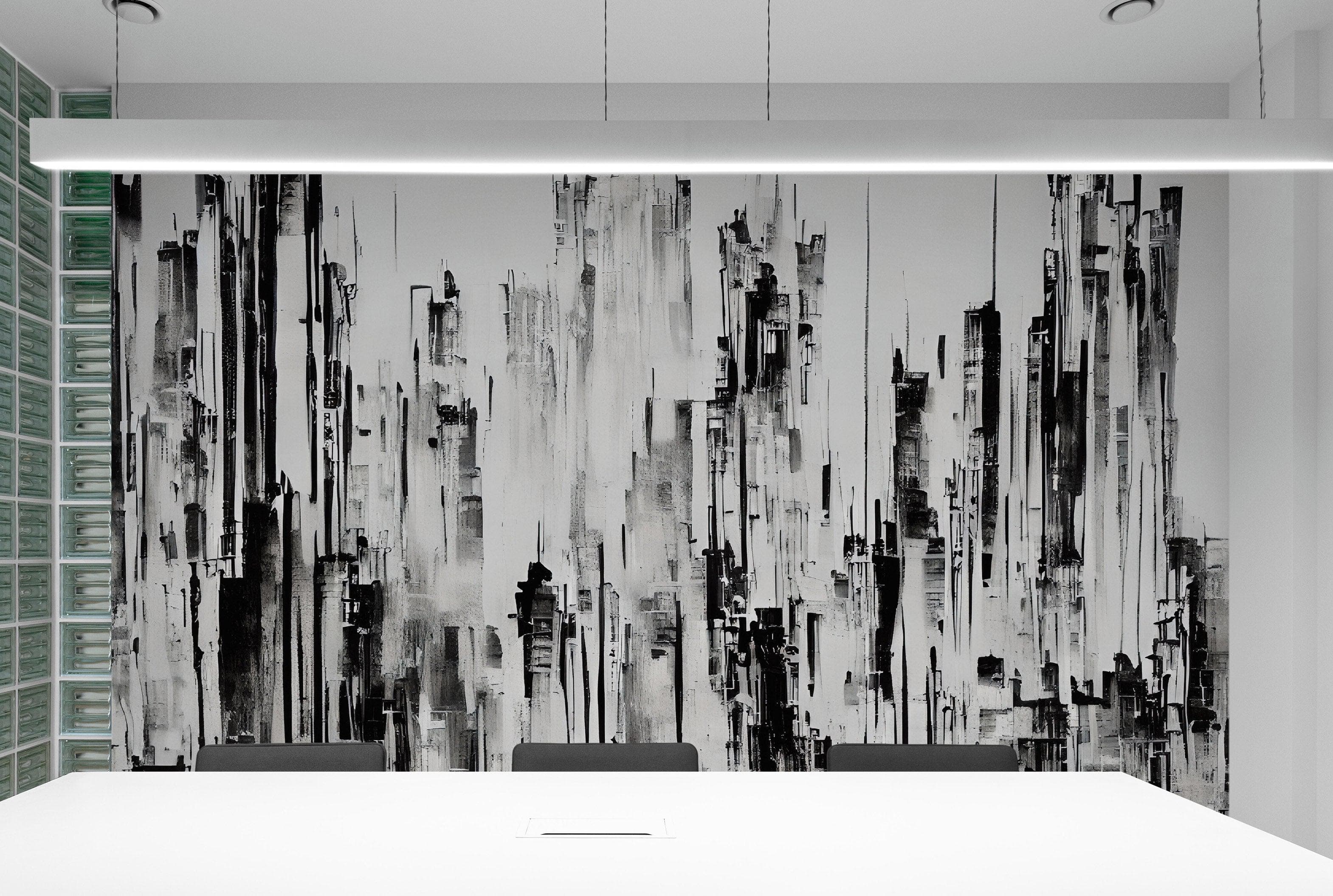 Black and Gray Urban City Wall Mural. Cyber Punk Cityscape. Minimalist Abstract Building Architect Wallpaper. #6487