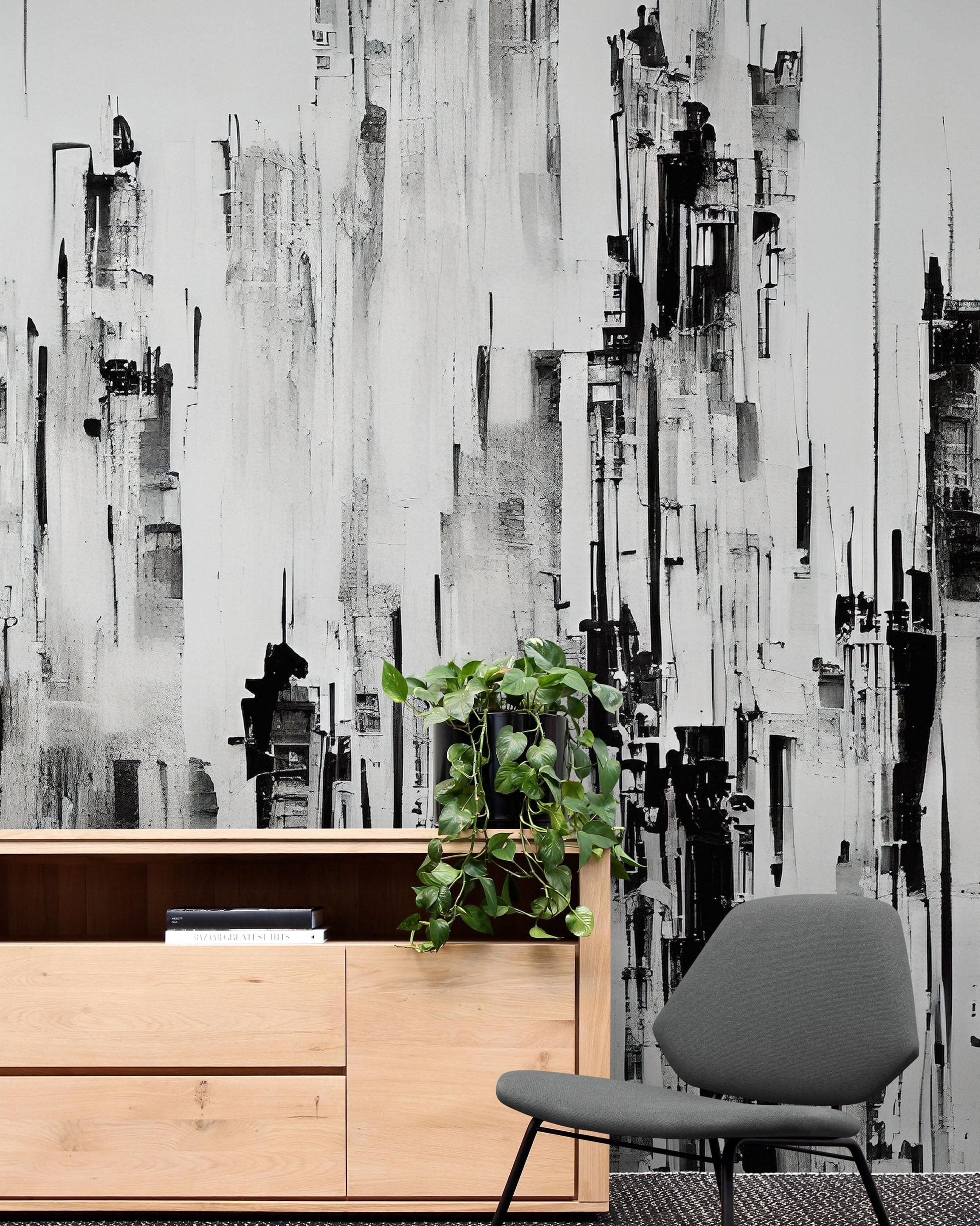 Black and Gray Urban City Wall Mural. Cyber Punk Cityscape. Minimalist Abstract Building Architect Wallpaper. #6487