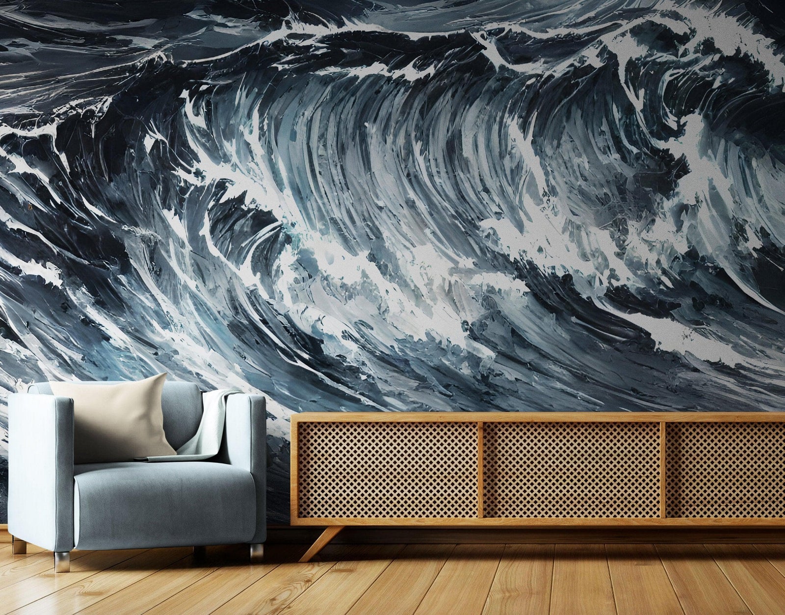 Great Wave Abstract Painting, Grey Color Scheme. #6488