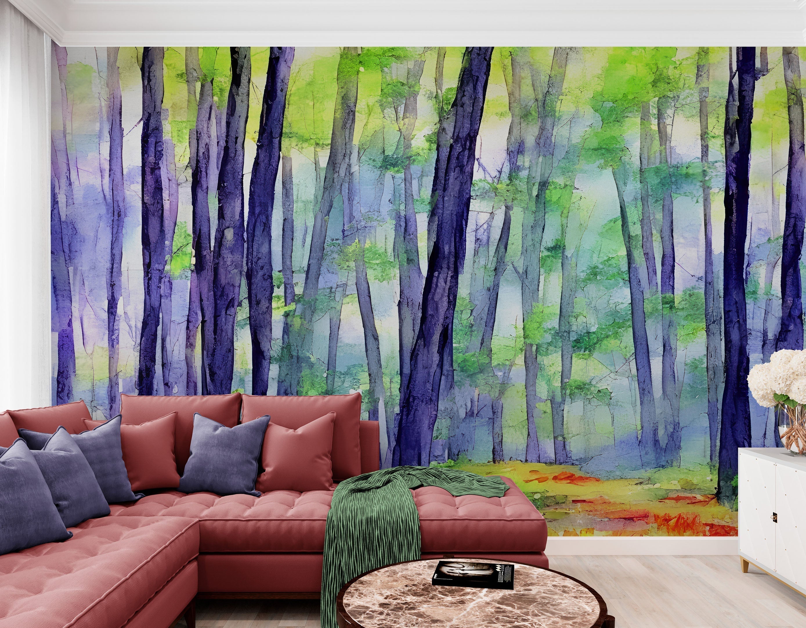Watercolor Forest Wallpaper. Colorful Forest Peel and Stick Wall Mural. #6493