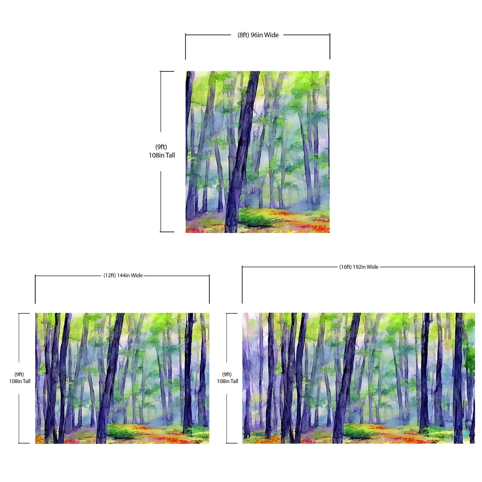 Watercolor Forest Wallpaper. Colorful Forest Peel and Stick Wall Mural. #6493