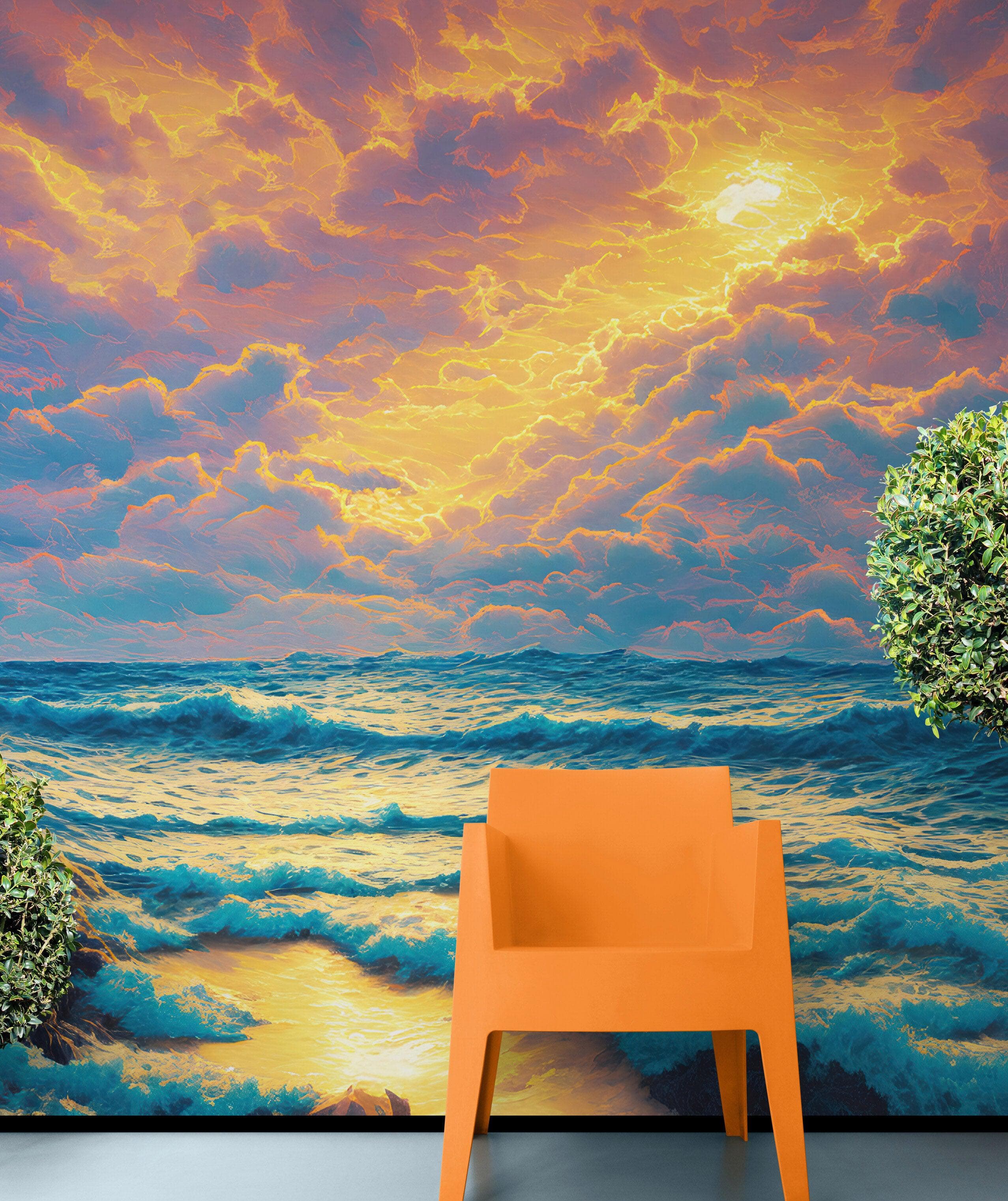 Dramatic Scene of a Sunset Over Blue Ocean Wall Mural Peel and Stick Wallpaper. #6495