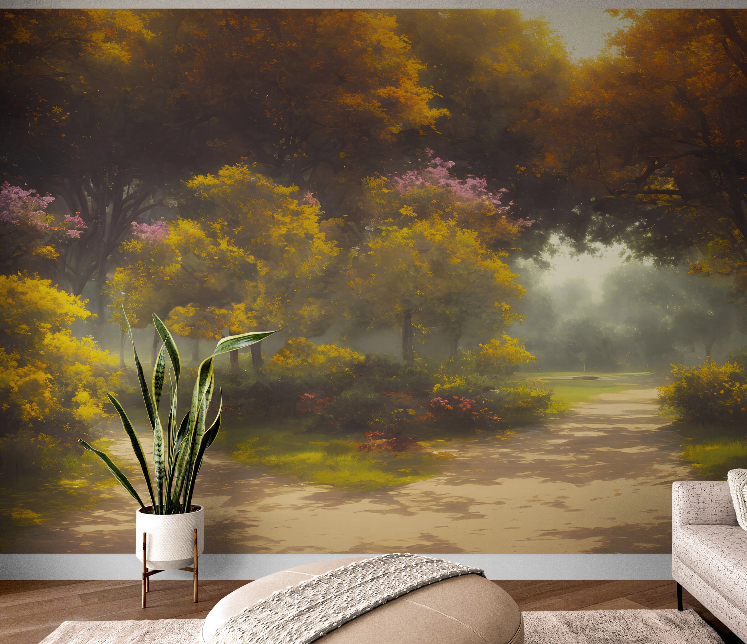 Vintage Trees in Park Wallpaper. Peel and Stick Wall Mural. #6496